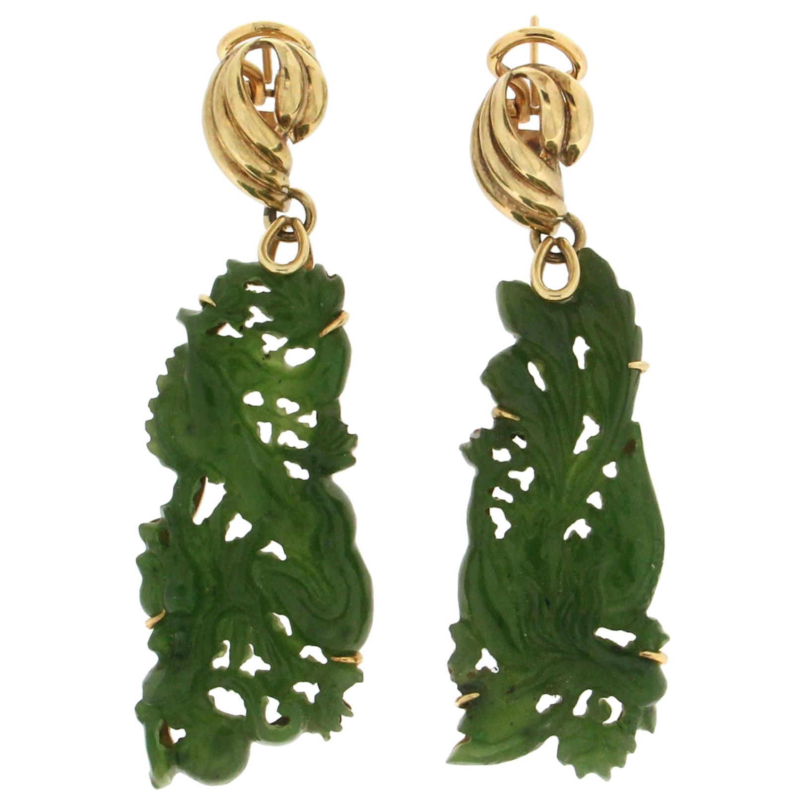 Neolithic Design Chinese Jade Pi 'Disk' Earrings, 14 Karat Yellow Gold