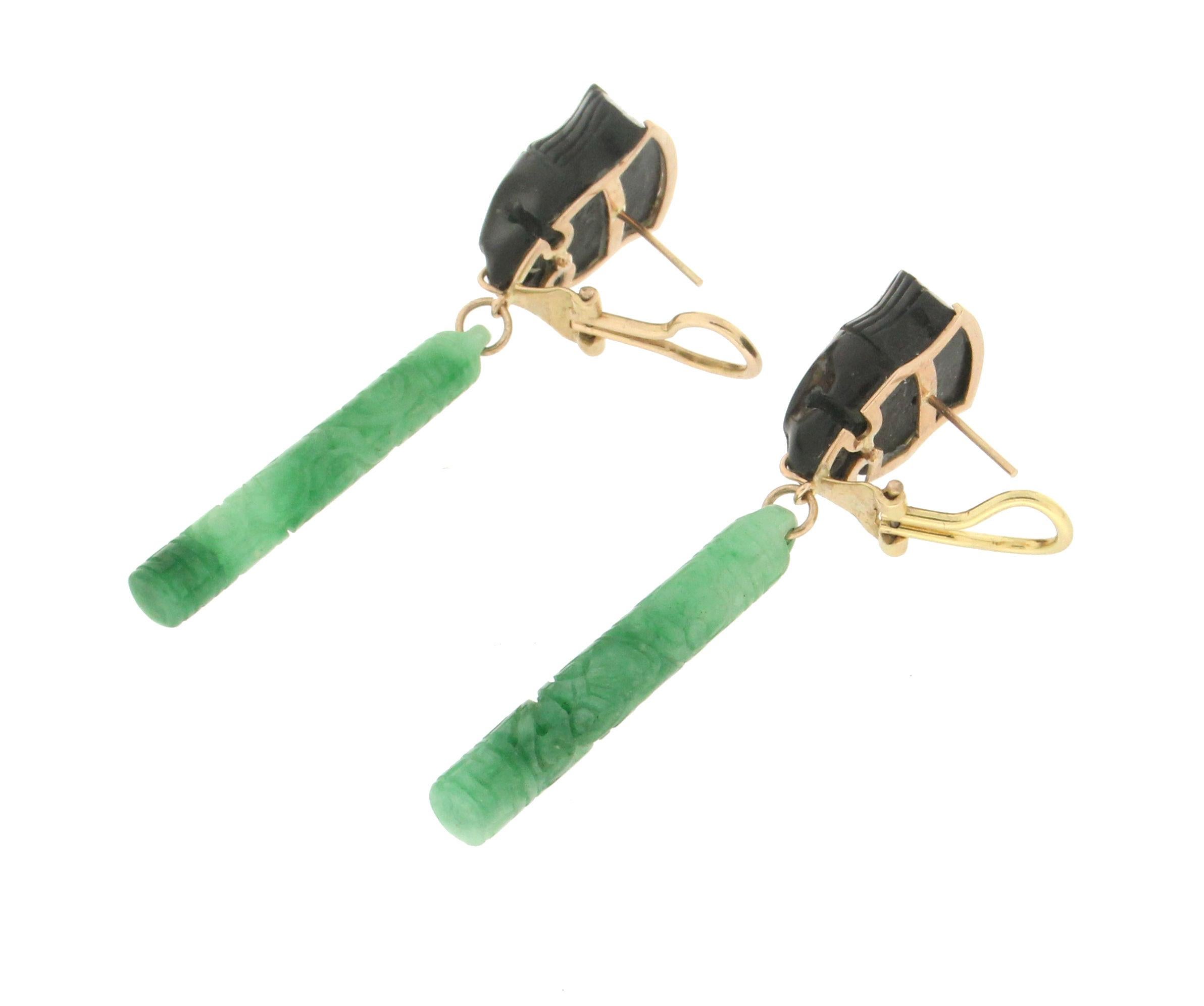 Mixed Cut Handcraft Jade 14 Karat Yellow Gold Onyx Drop Earrings For Sale