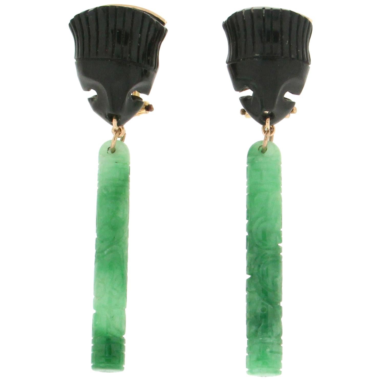 Handgefertigte Ohrgehänge aus Jade 14 Karat Gelbgold mit Onyx