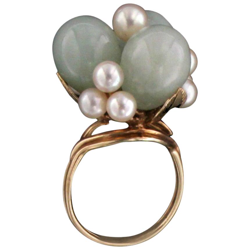 Handcraft Jade 14 Karat Yellow Gold Pearls Cocktail Ring For Sale