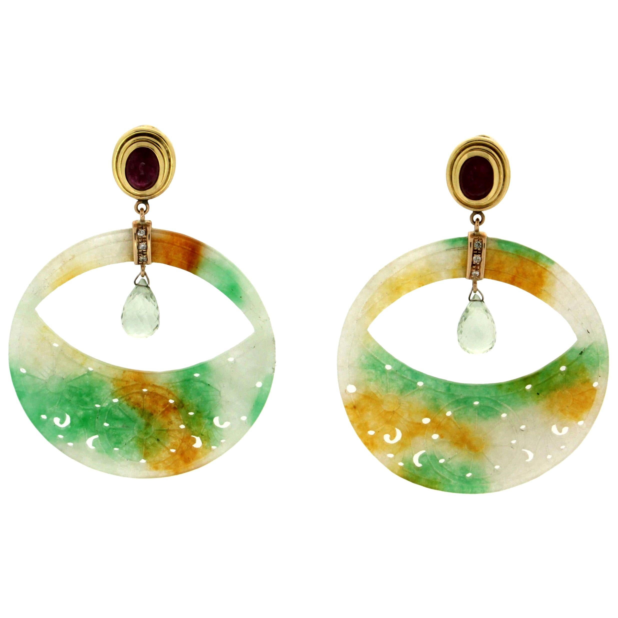 Handcraft Jade 18 Karat Yellow Gold Aquamarine Diamonds Ruby Drop Earrings For Sale