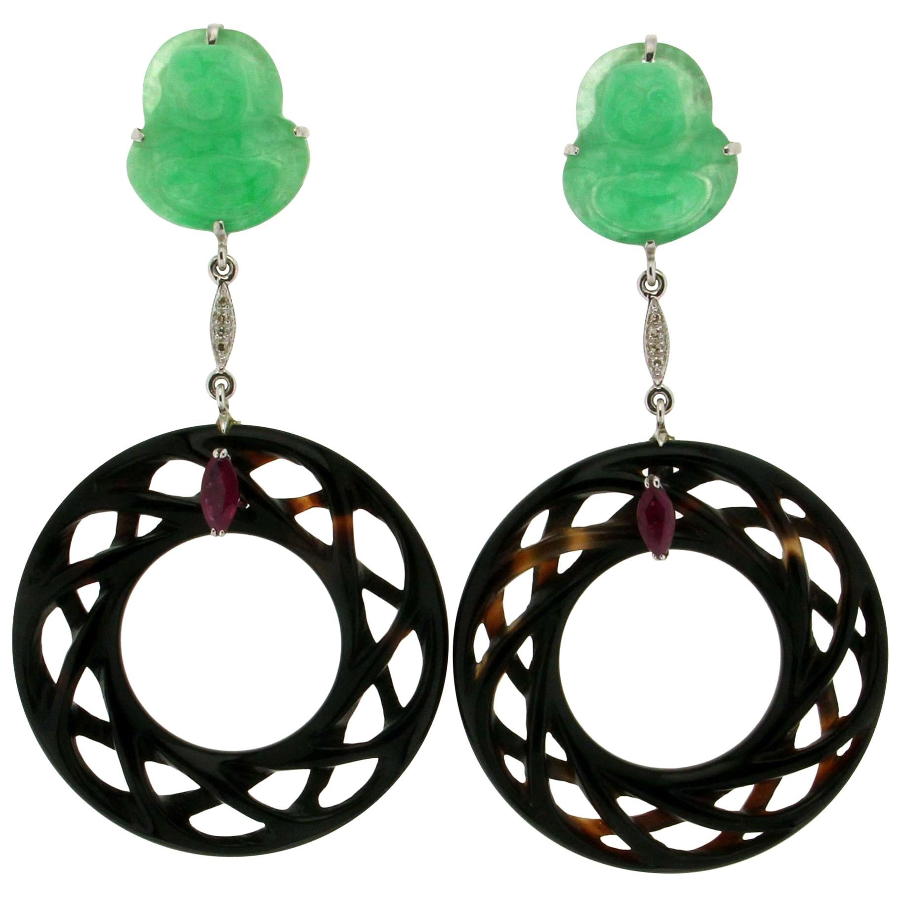 Boucles d'oreilles en goutte artisanales en or blanc 18 carats, jade et onyx, diamants et rubis