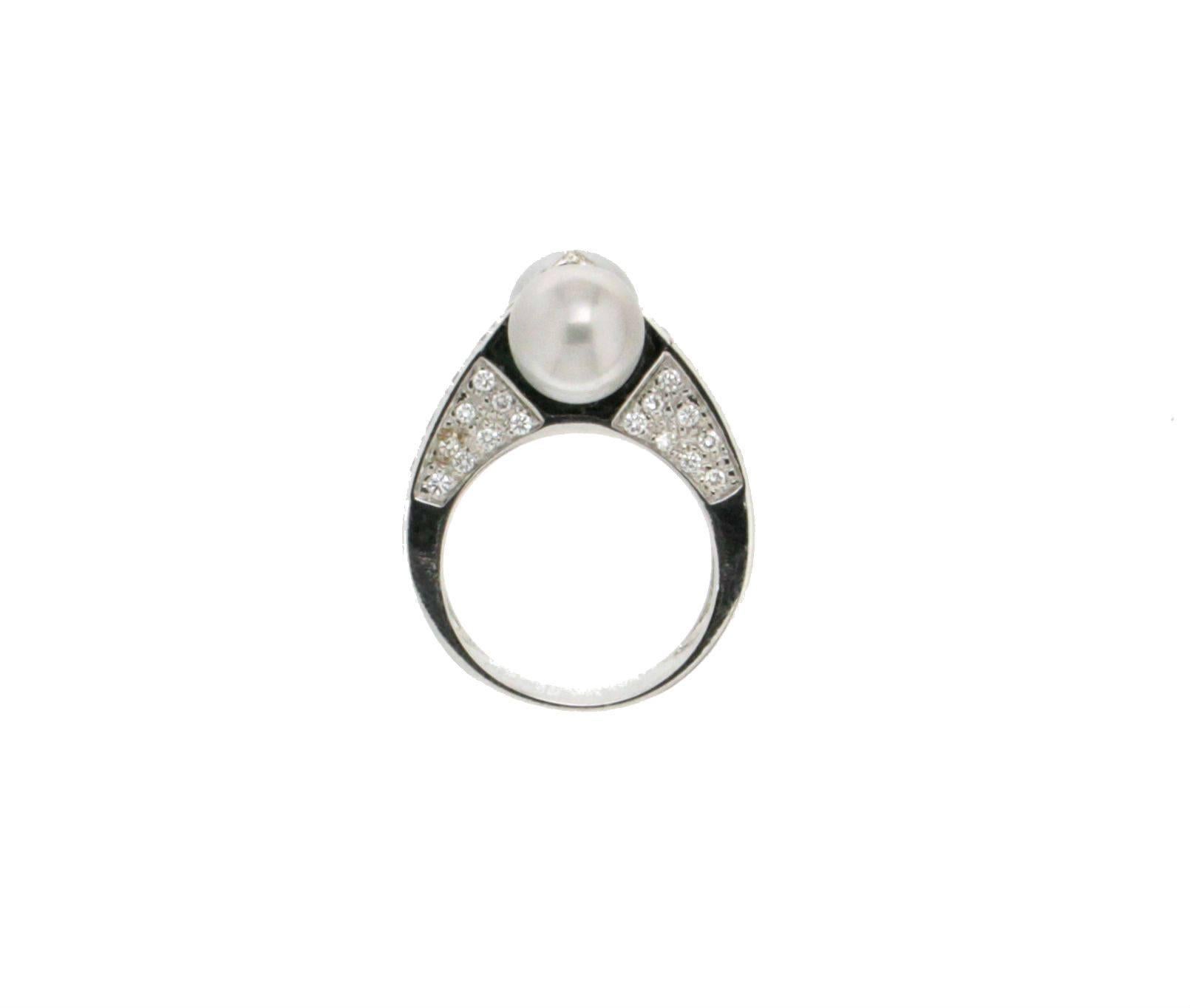 Artisan Handcraft Japan Pearls 18 Karat Diamonds Gold Diamonds Cocktail Ring For Sale