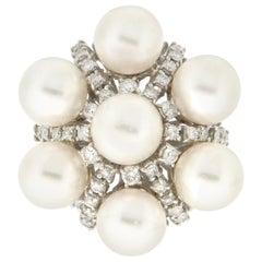 Handcraft Japan Pearls 18 Karat White Gold Diamonds Cocktail Ring
