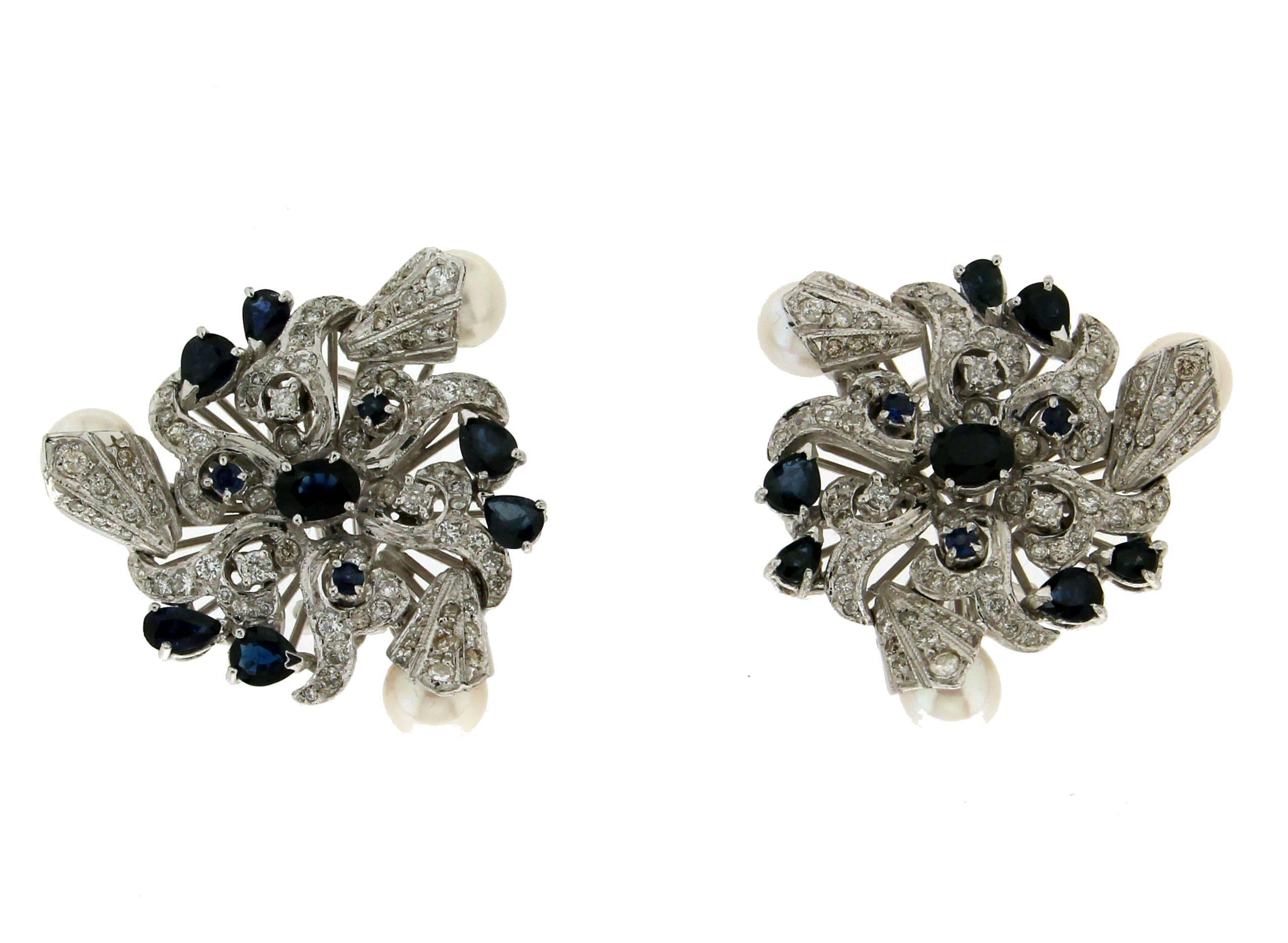 Handcraft Japan Pearls 18 Karat White Gold Diamonds Sapphires Stud Earrings For Sale 4