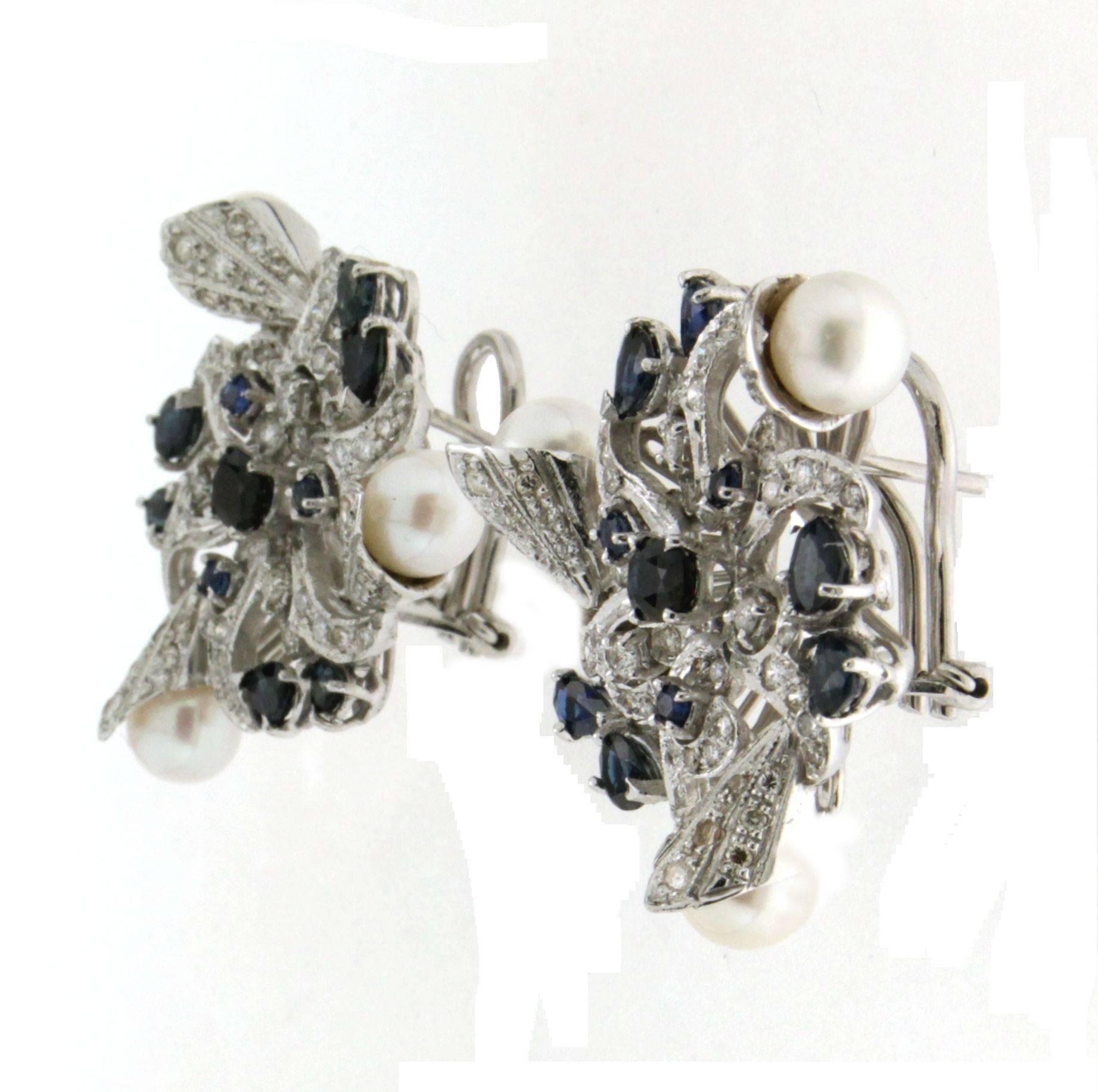 Brilliant Cut Handcraft Japan Pearls 18 Karat White Gold Diamonds Sapphires Stud Earrings For Sale