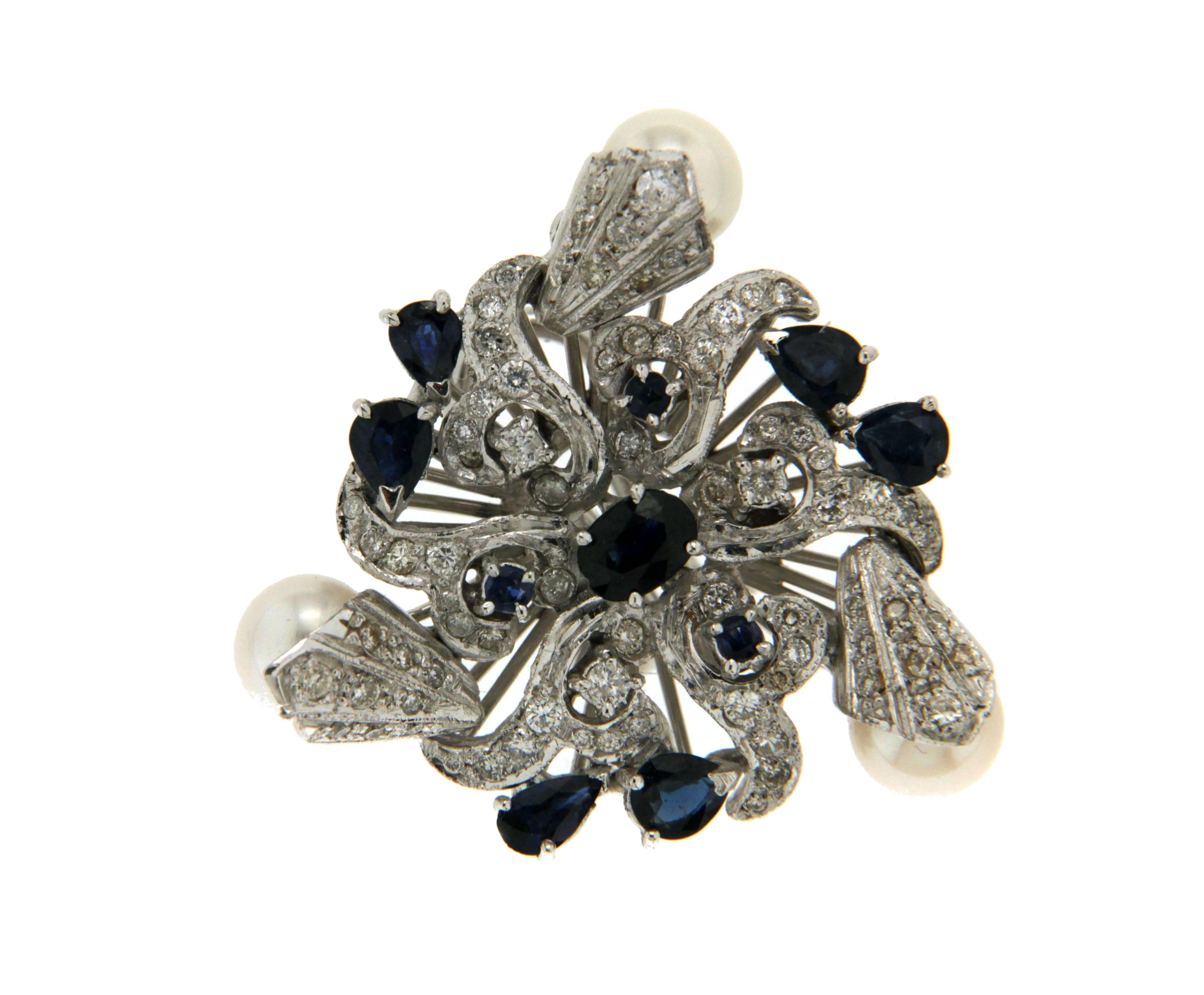 Handcraft Japan Pearls 18 Karat White Gold Diamonds Sapphires Stud Earrings For Sale 1