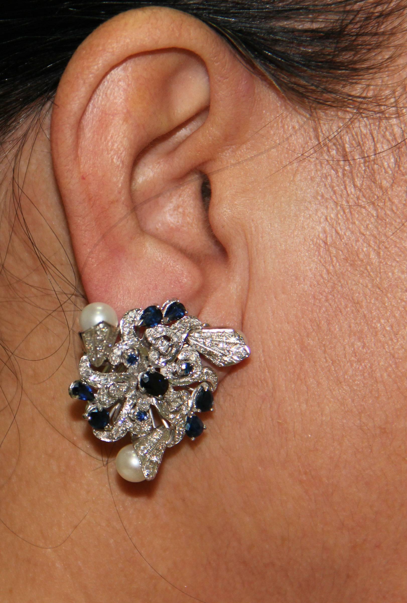 Handcraft Japan Pearls 18 Karat White Gold Diamonds Sapphires Stud Earrings For Sale 3