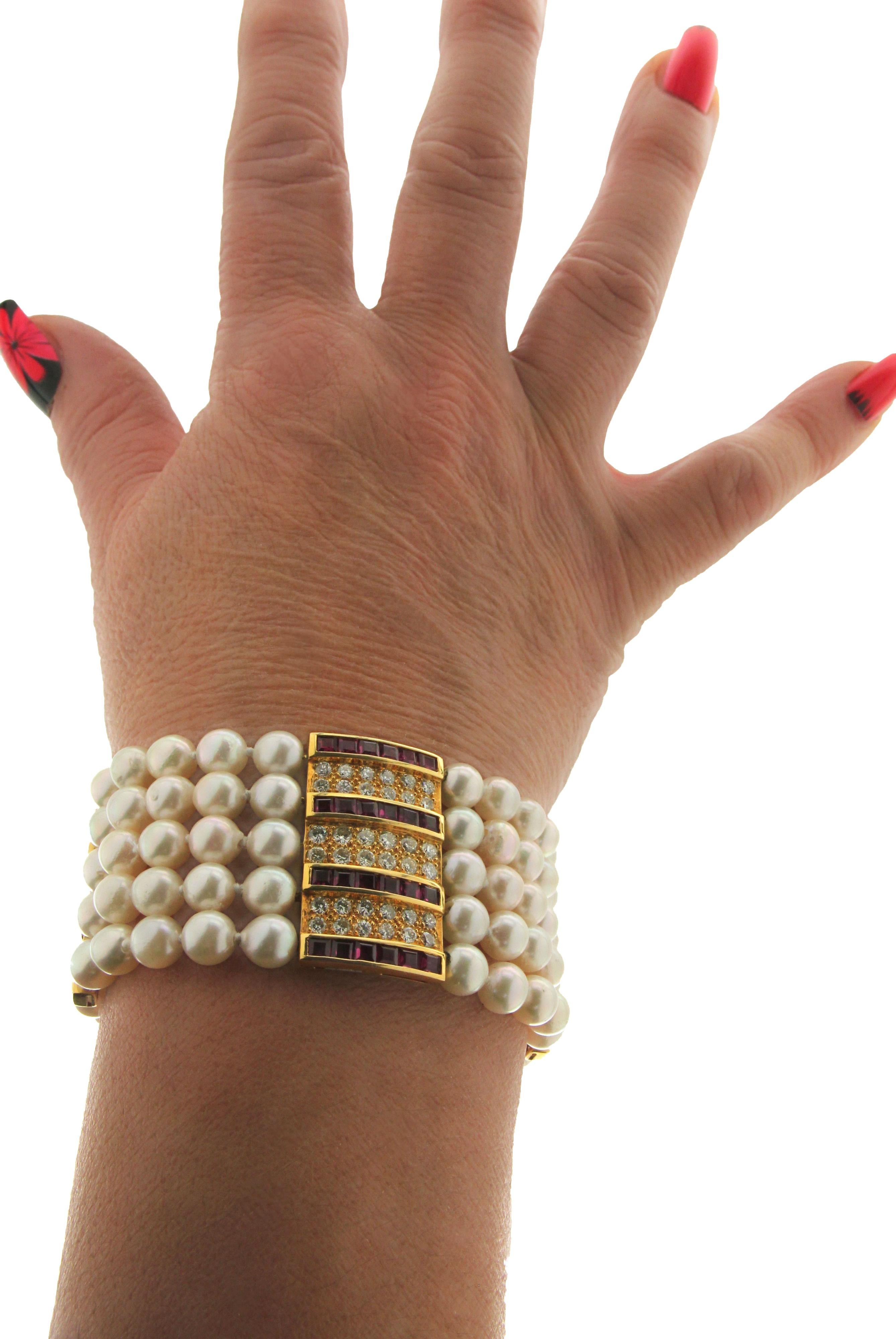 Bracelet manchette artisanal en or jaune 18 carats avec perles du Japon et diamants Neuf - En vente à Marcianise, IT