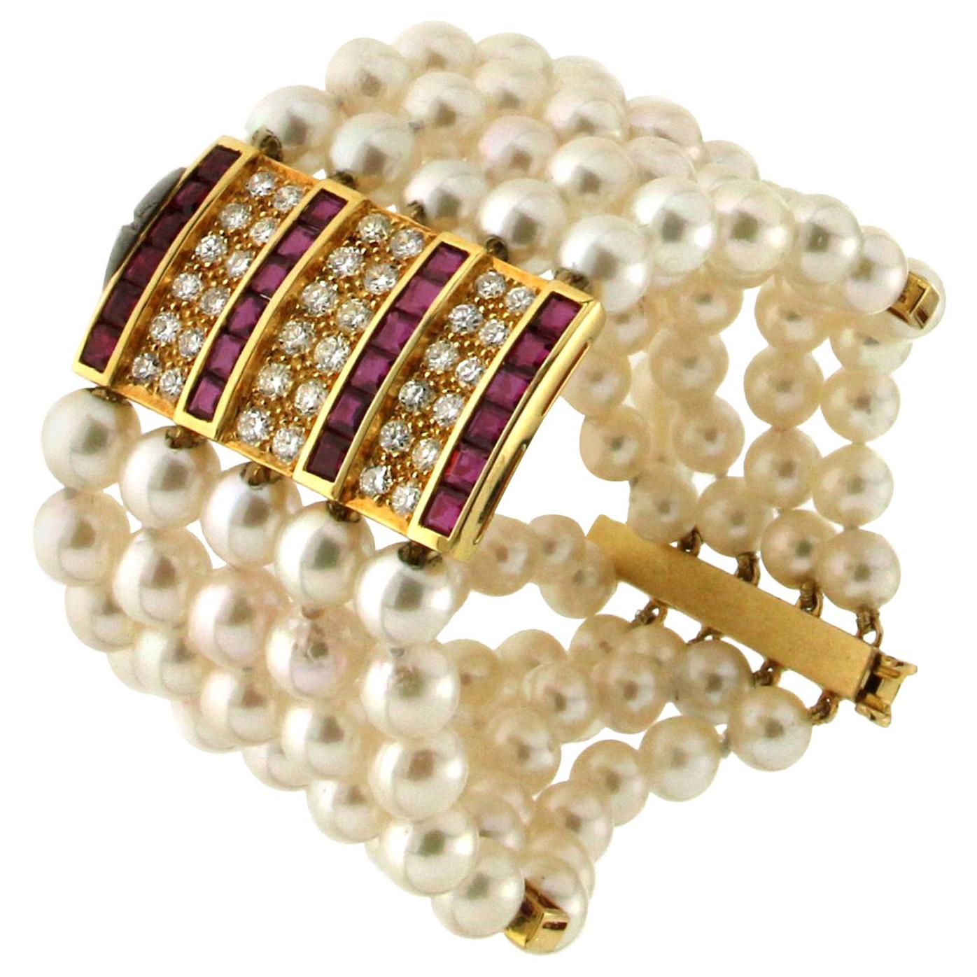 Handcraft Japan Pearls 18 Karat Yellow Gold Diamonds Ruby Cuff Bracelet