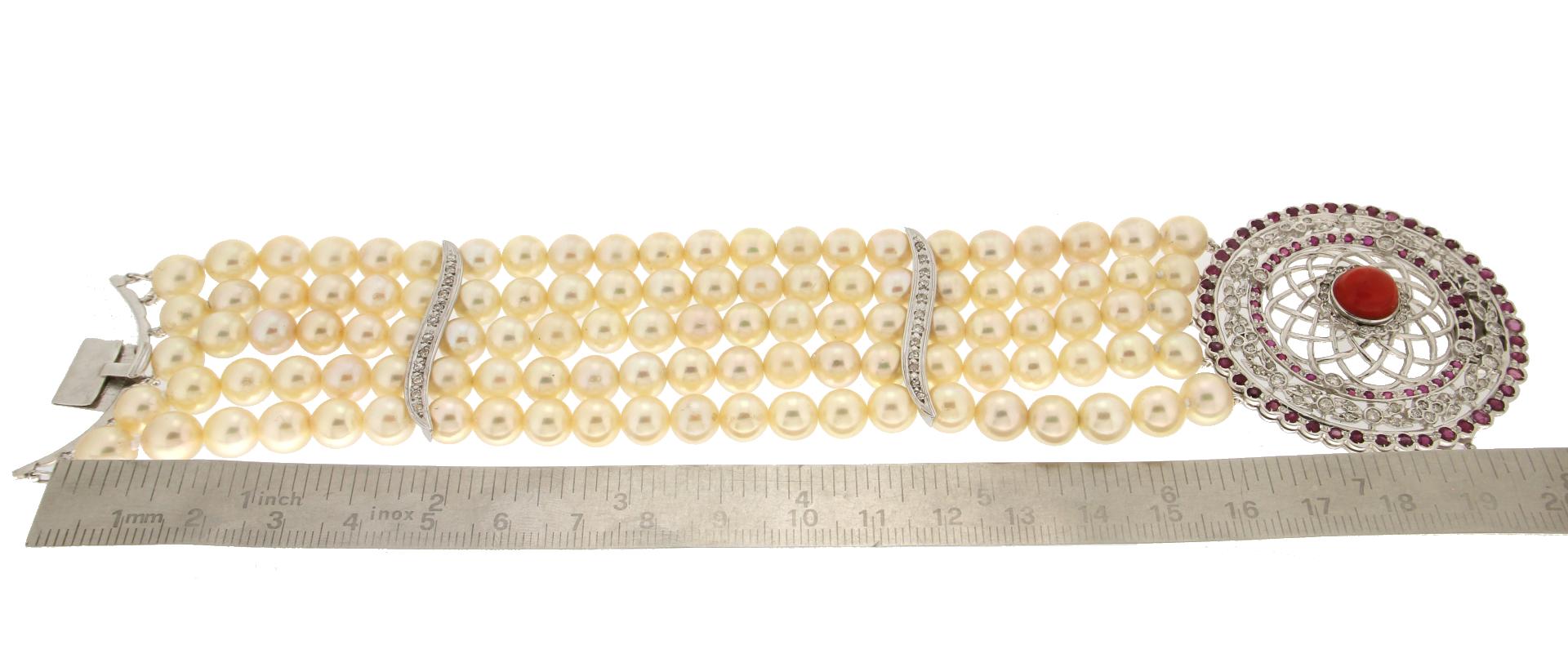 Handcraft Japanese Pearls 18 Karat White Gold Diamonds Ruby Cuff Bracelet For Sale 4