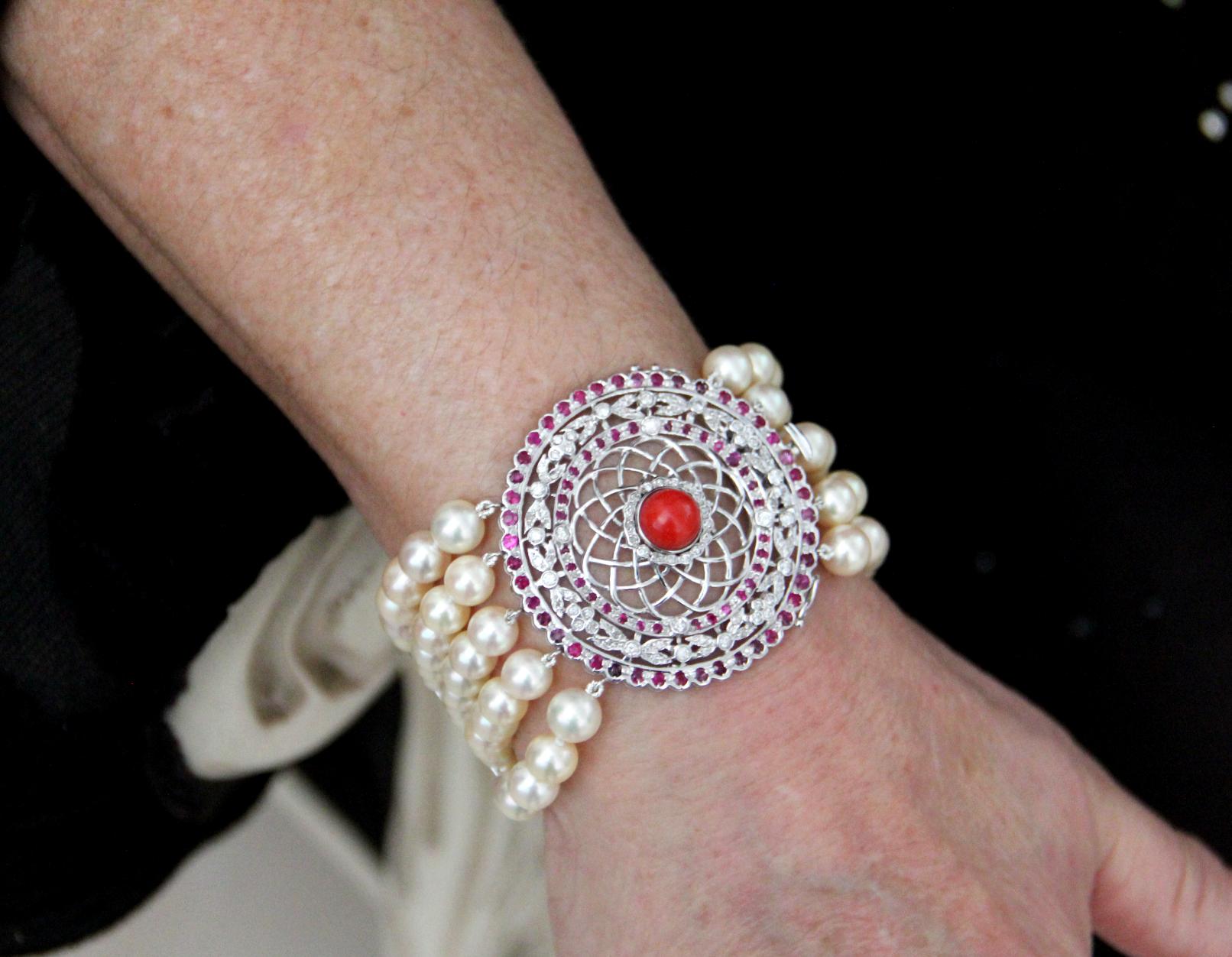 Handcraft Japanese Pearls 18 Karat White Gold Diamonds Ruby Cuff Bracelet For Sale 5