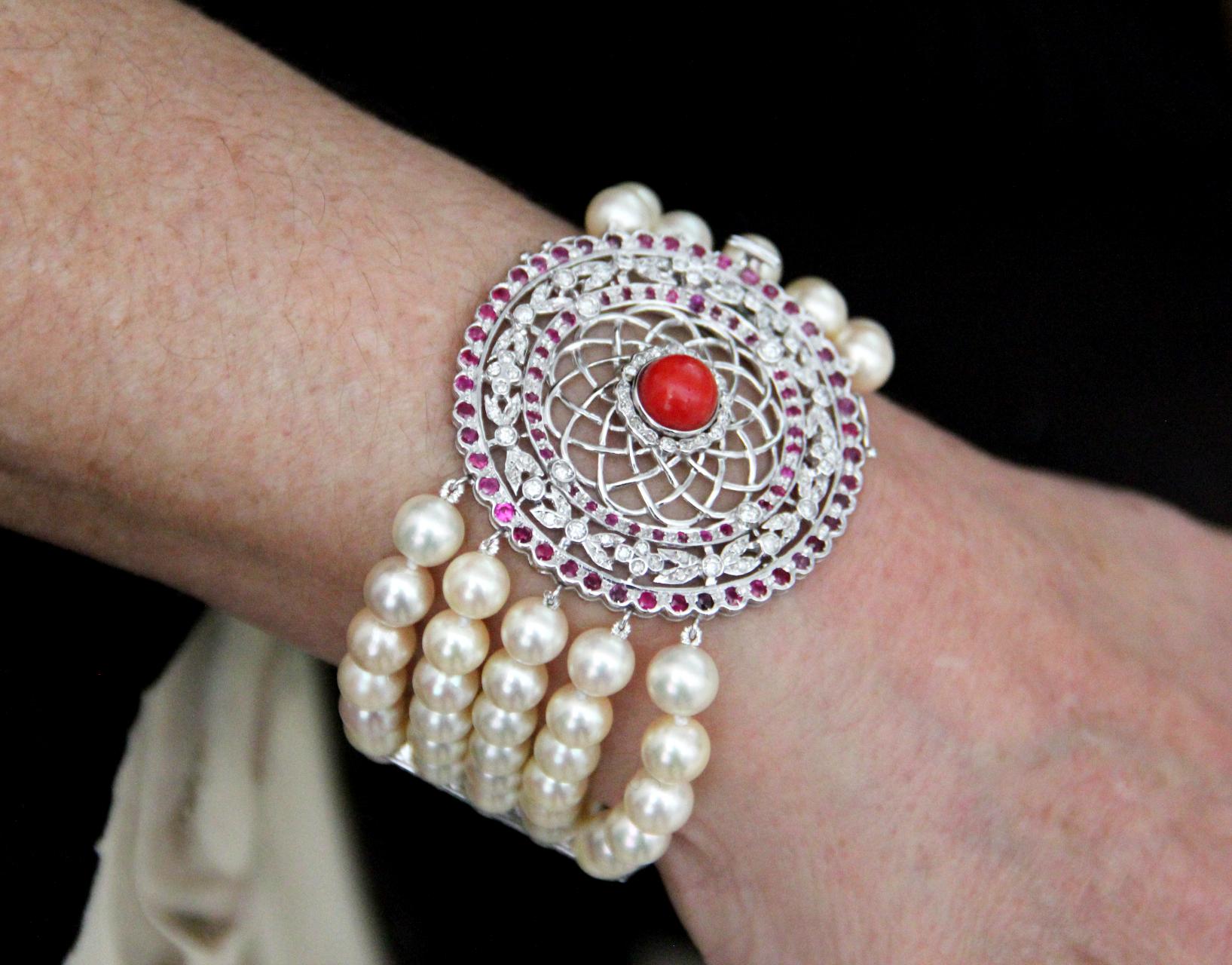 Handcraft Japanese Pearls 18 Karat White Gold Diamonds Ruby Cuff Bracelet For Sale 6
