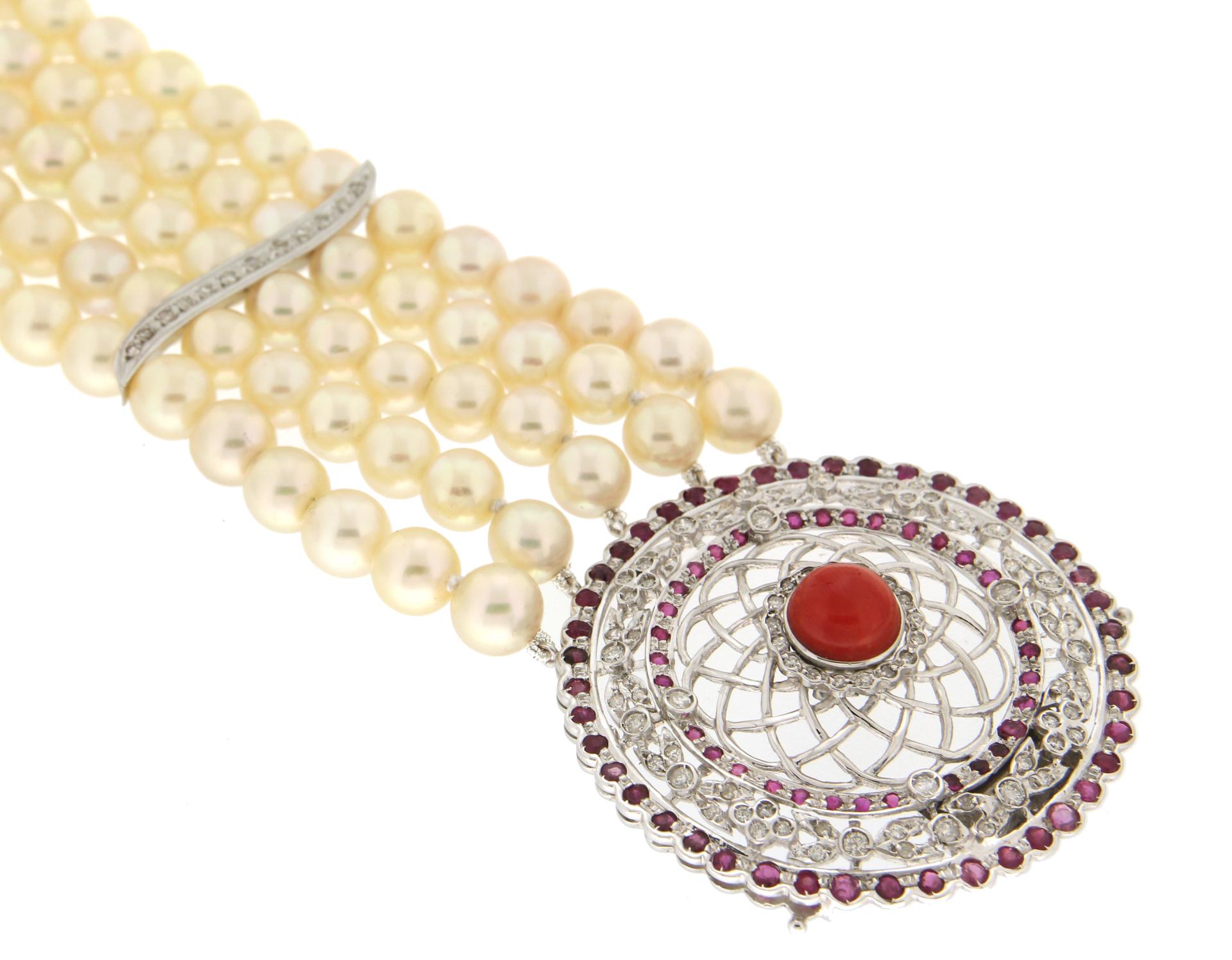 Artisan Handcraft Japanese Pearls 18 Karat White Gold Diamonds Ruby Cuff Bracelet For Sale