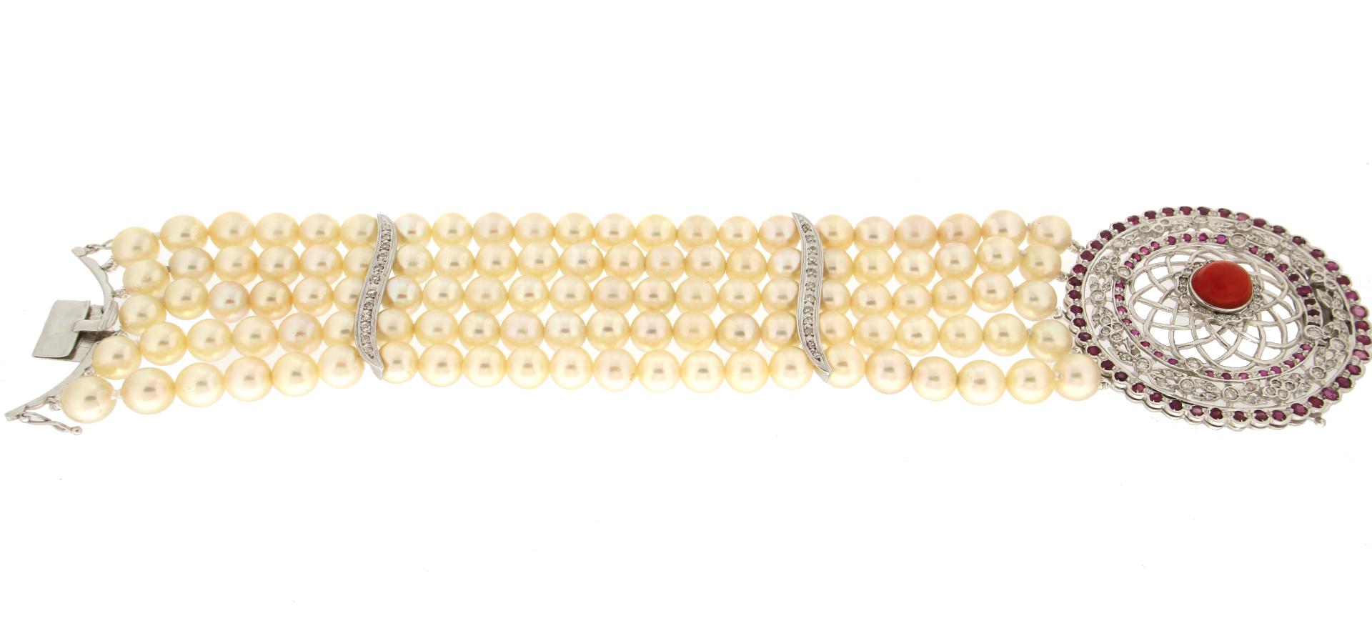 Brilliant Cut Handcraft Japanese Pearls 18 Karat White Gold Diamonds Ruby Cuff Bracelet For Sale