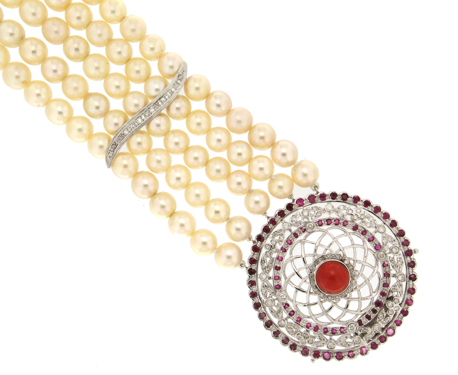 Handcraft Japanese Pearls 18 Karat White Gold Diamonds Ruby Cuff Bracelet In New Condition For Sale In Marcianise, IT