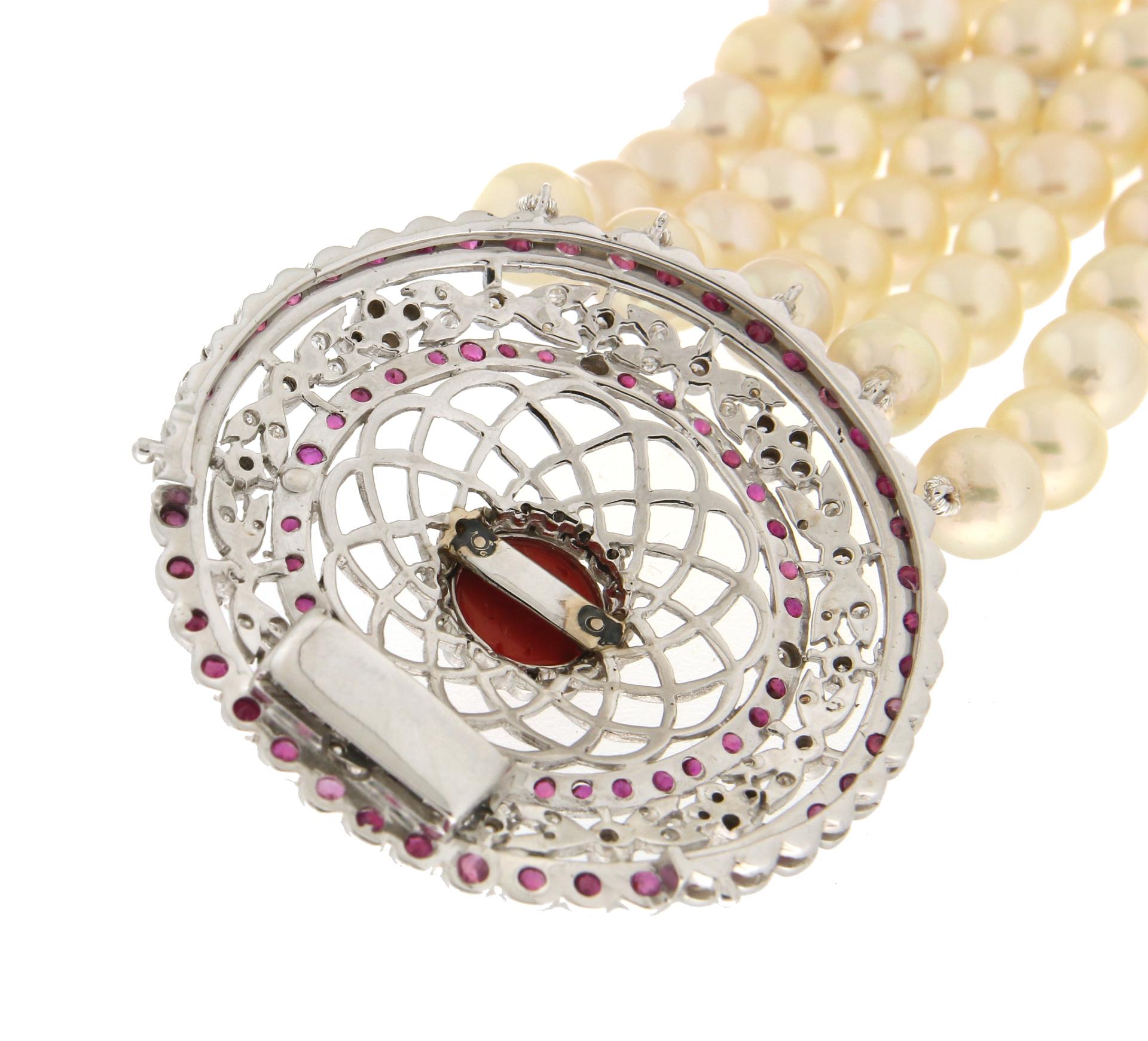 Handcraft Japanese Pearls 18 Karat White Gold Diamonds Ruby Cuff Bracelet For Sale 2