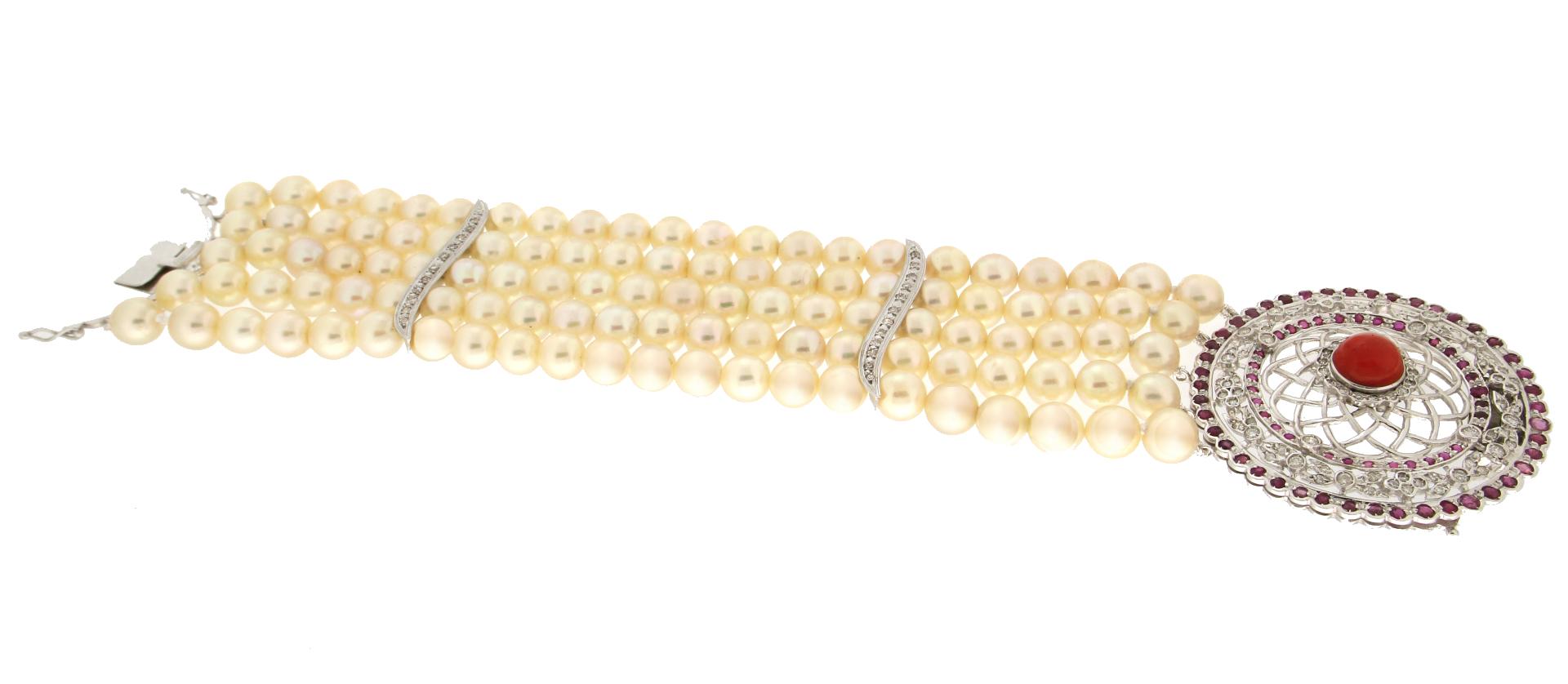 Handcraft Japanese Pearls 18 Karat White Gold Diamonds Ruby Cuff Bracelet For Sale 3