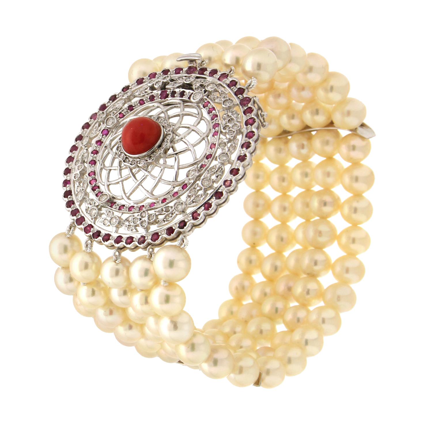 Handgefertigtes Manschettenarmband mit japanischen Perlen, 18 Karat Weißgold, Diamanten und Rubinen