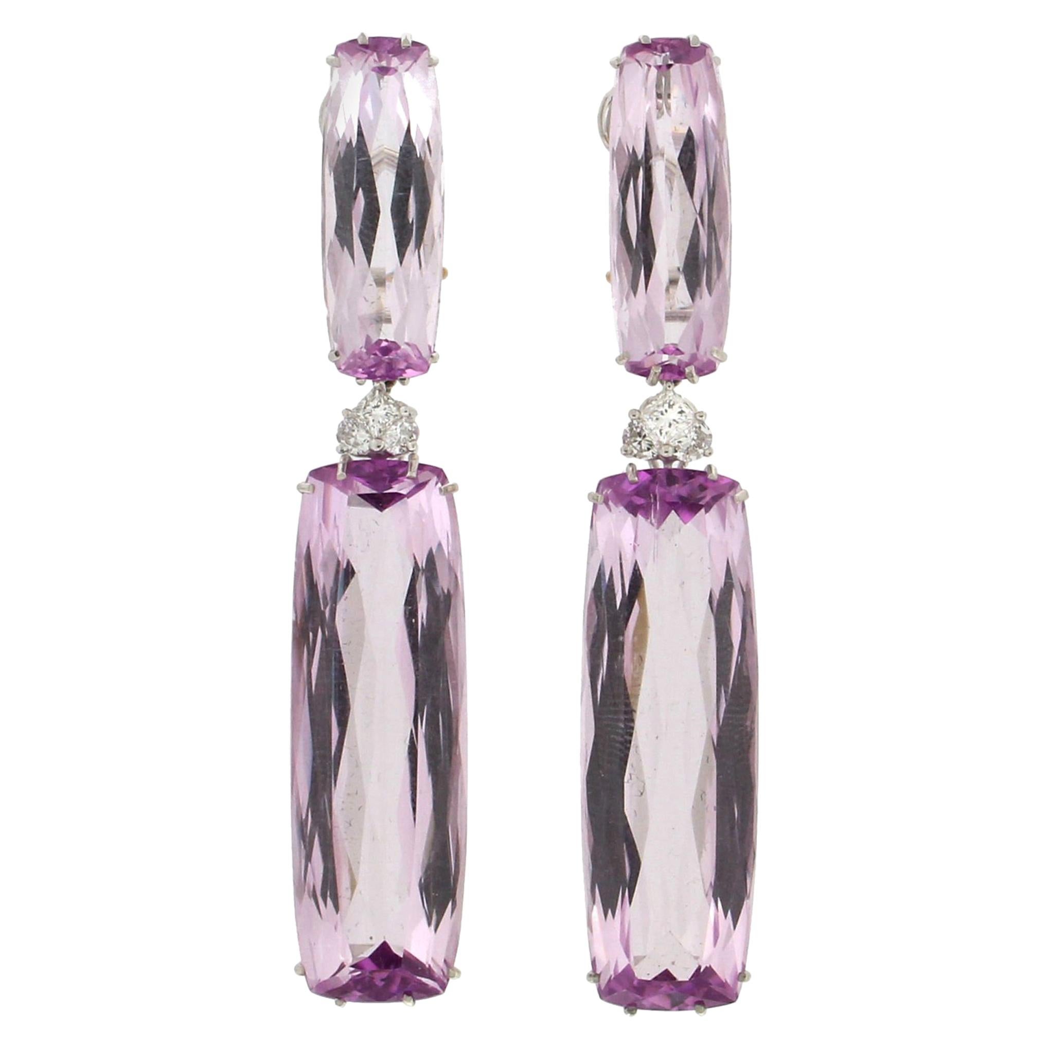 Handcraft Kunzite 18 Karat White Gold Diamonds Drop Earrings