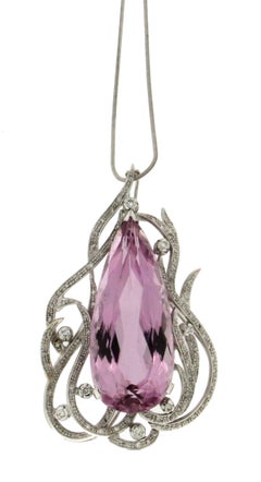 Collar Artesanal Kunzite Oro Blanco 18 Kilates Diamantes Gota