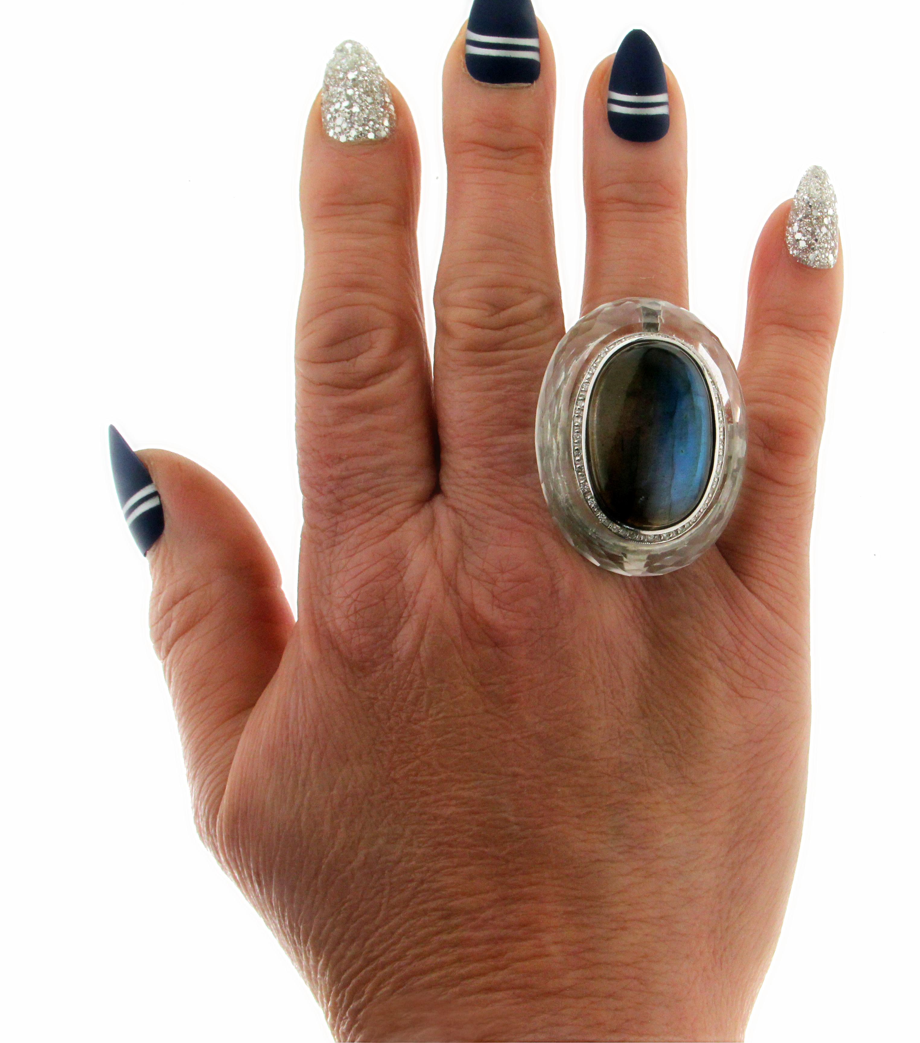 Handcraft Labradorite 18 Karat White Gold Rock Crystal Diamonds Cocktail Ring For Sale 4