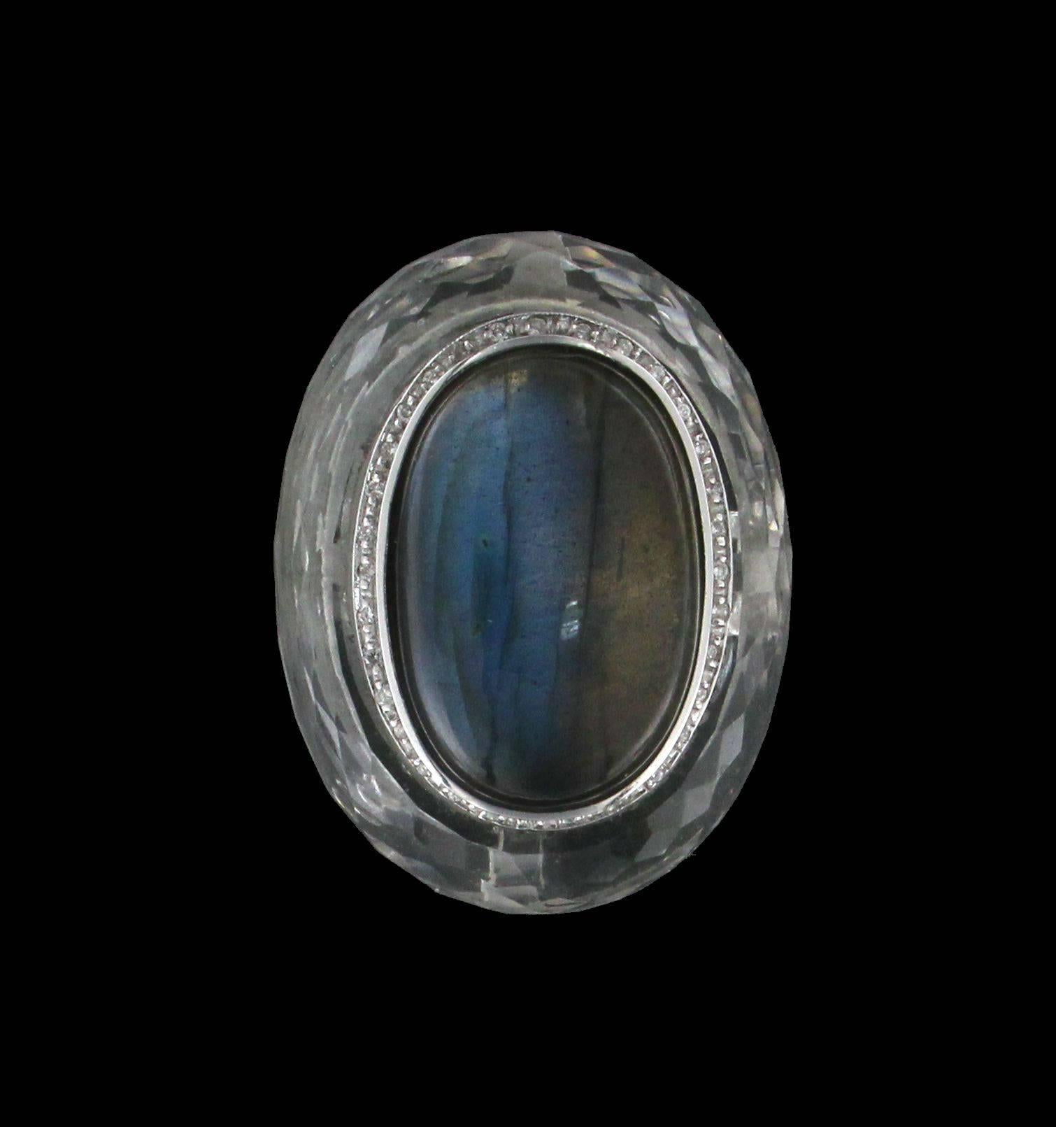Artisan Handcraft Labradorite 18 Karat White Gold Rock Crystal Diamonds Cocktail Ring For Sale