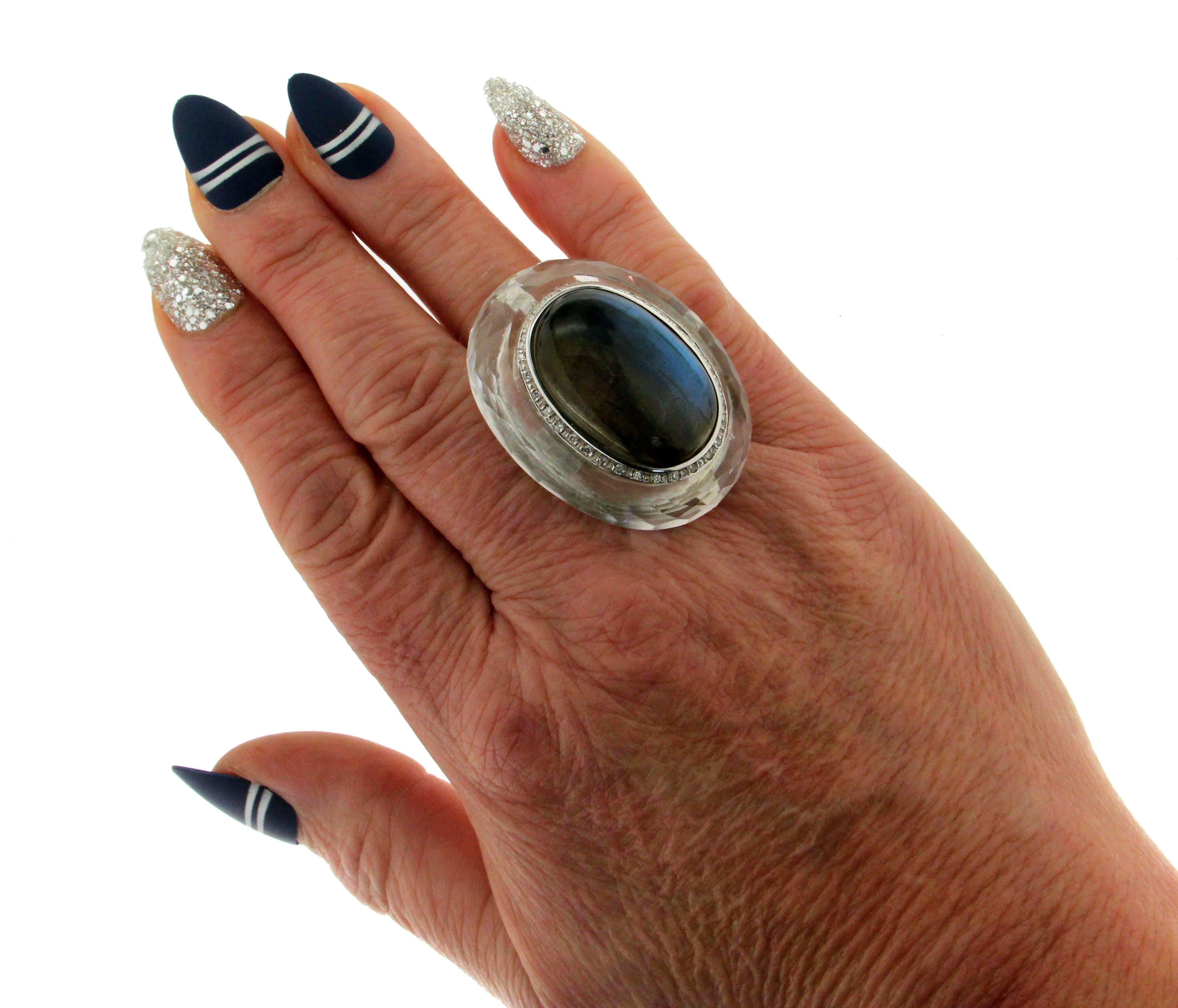 Women's Handcraft Labradorite 18 Karat White Gold Rock Crystal Diamonds Cocktail Ring For Sale