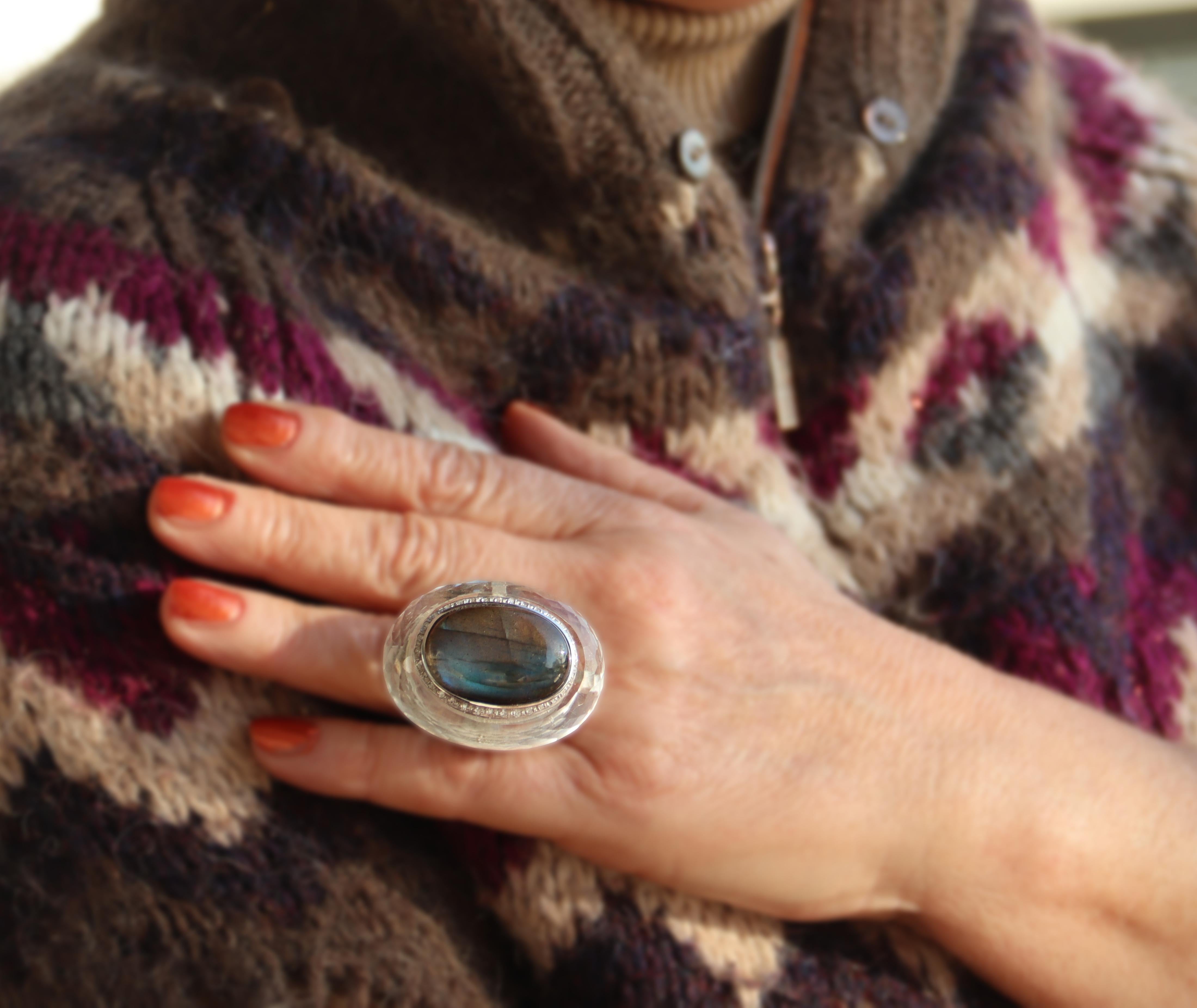 Handcraft Labradorite 18 Karat White Gold Rock Crystal Diamonds Cocktail Ring For Sale 1