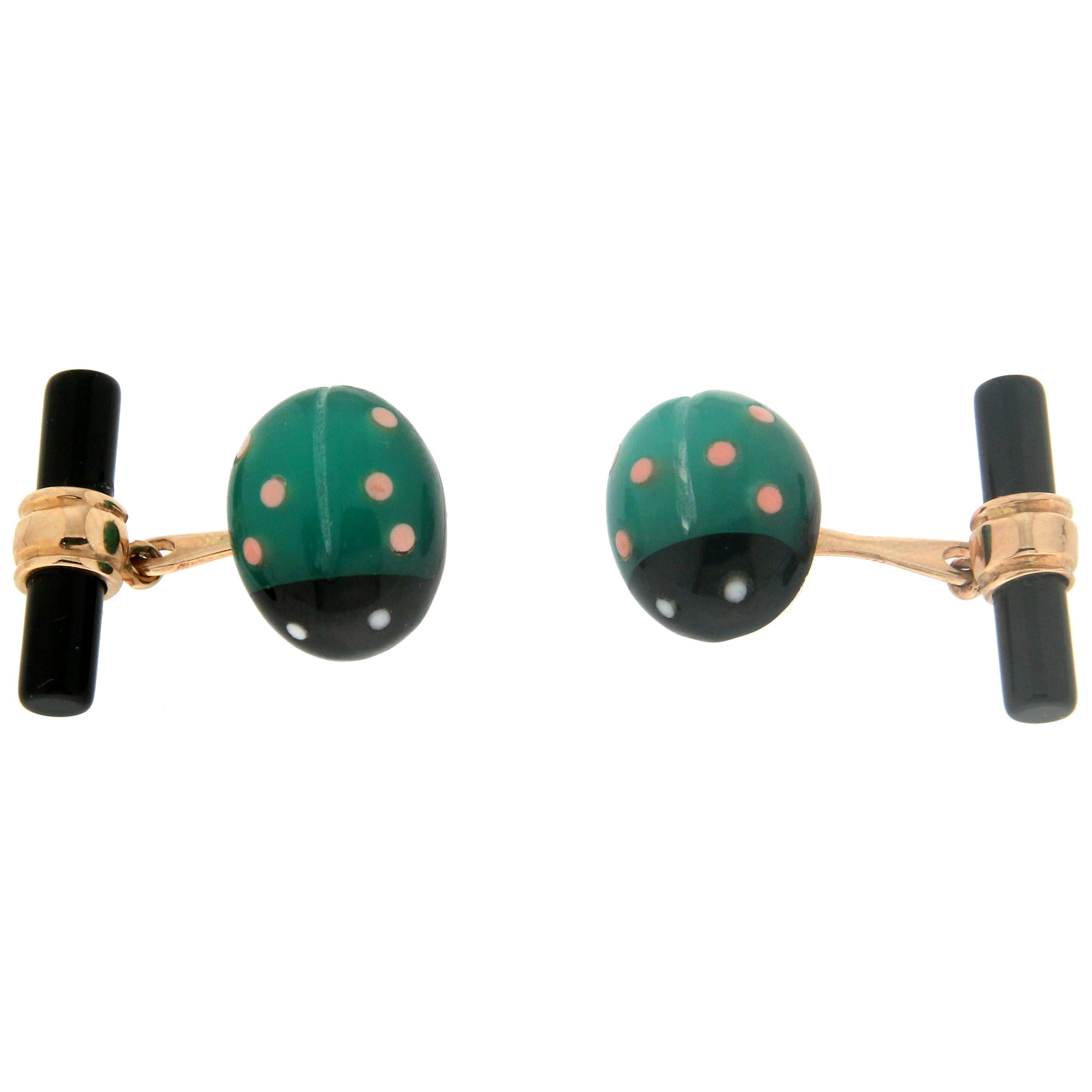 Handcraft Ladybug 14 Karat Yellow Gold Agate and Onyx Cufflinks