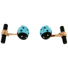 Handcraft Ladybug 14 Karat Yellow Gold Turquoise and Onyx Cufflinks