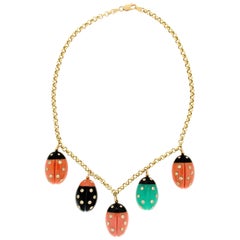 Handcraft Ladybugs Coral 18 Karat Yellow Gold Diamonds Onyx Choker Necklace