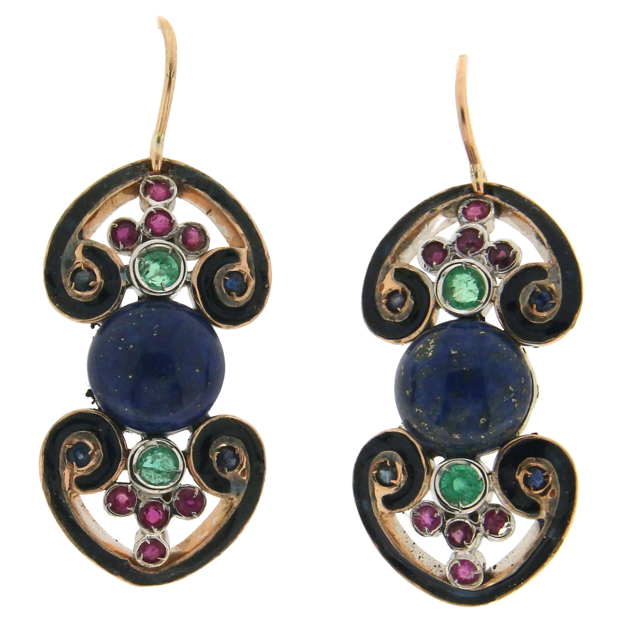 Handcraft Lapis 14 Karat Yellow Gold Ruby Emeralds and Sapphires Drop Earrings