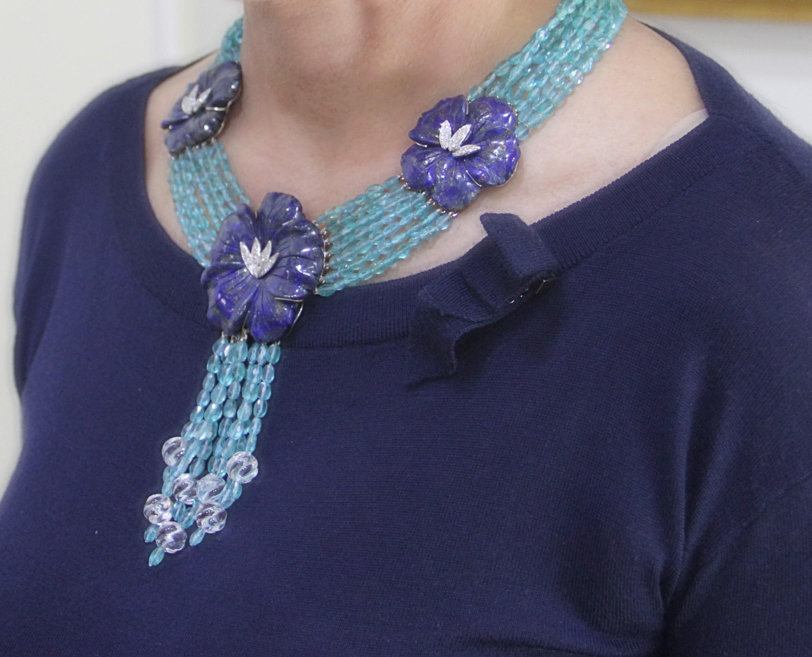 Handcraft Lapis 18 Karat White Gold Uvarovite Diamonds Multi-Strand Necklace For Sale 4