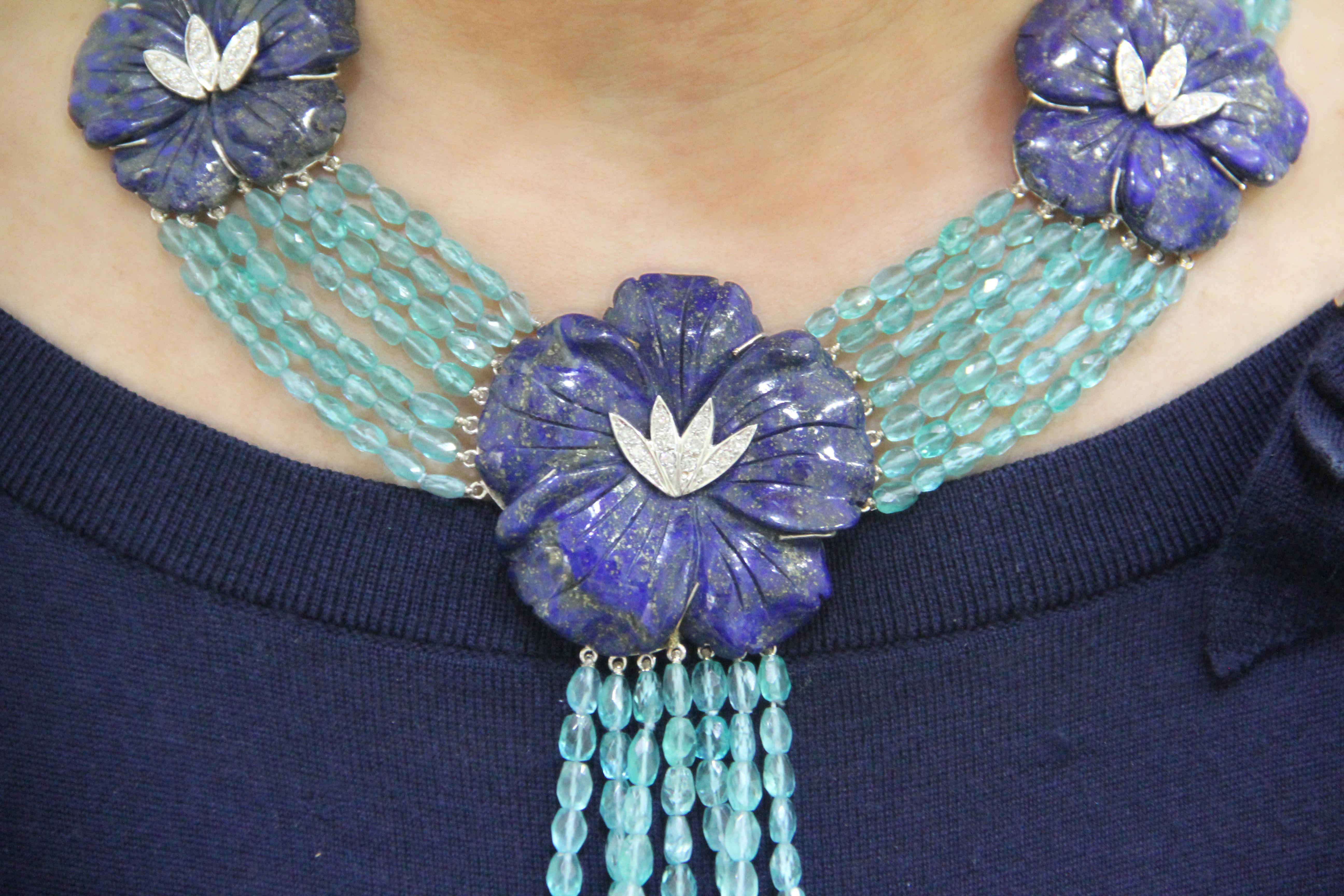 Handcraft Lapis 18 Karat White Gold Uvarovite Diamonds Multi-Strand Necklace For Sale 1
