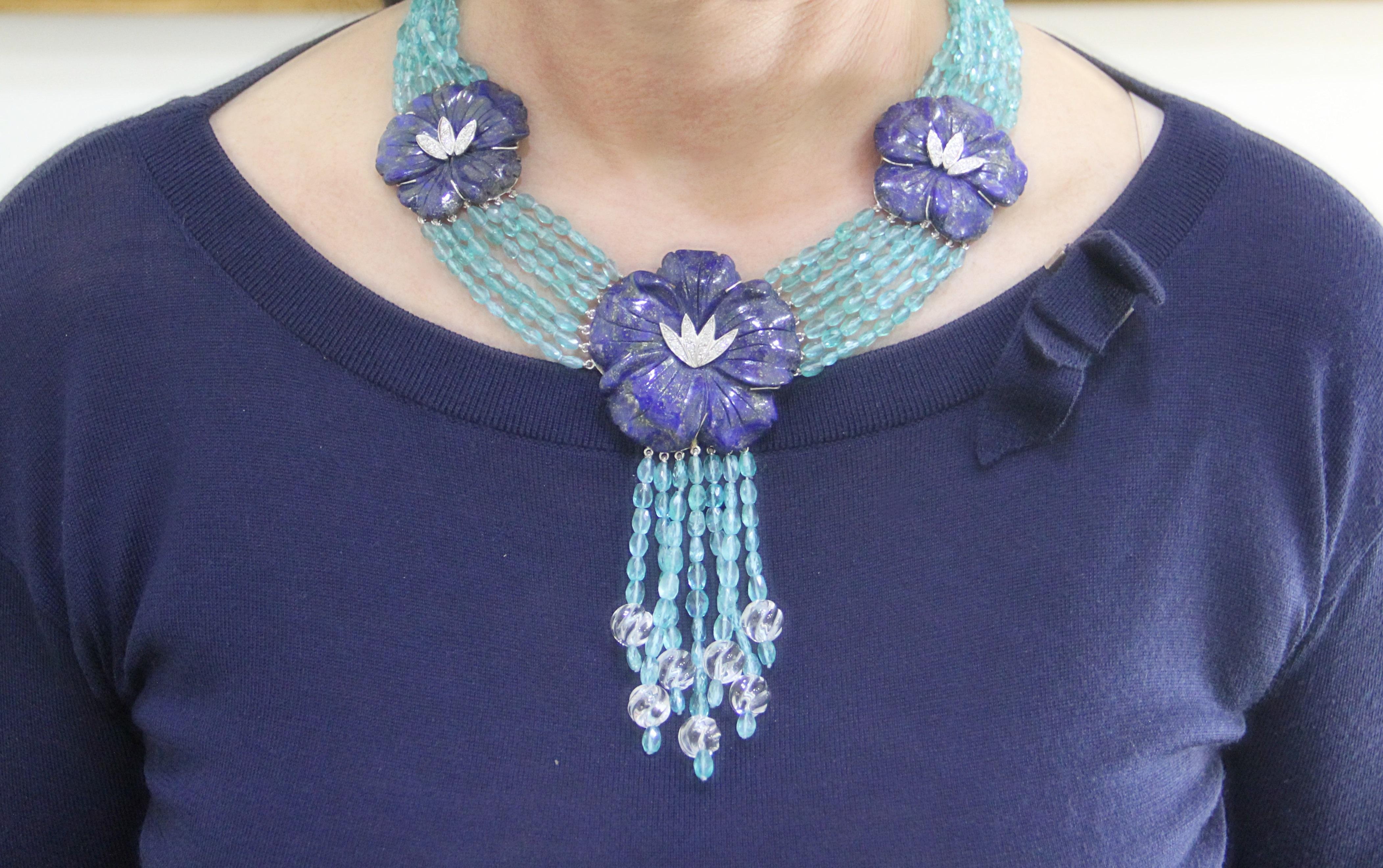 Handcraft Lapis 18 Karat White Gold Uvarovite Diamonds Multi-Strand Necklace For Sale 2