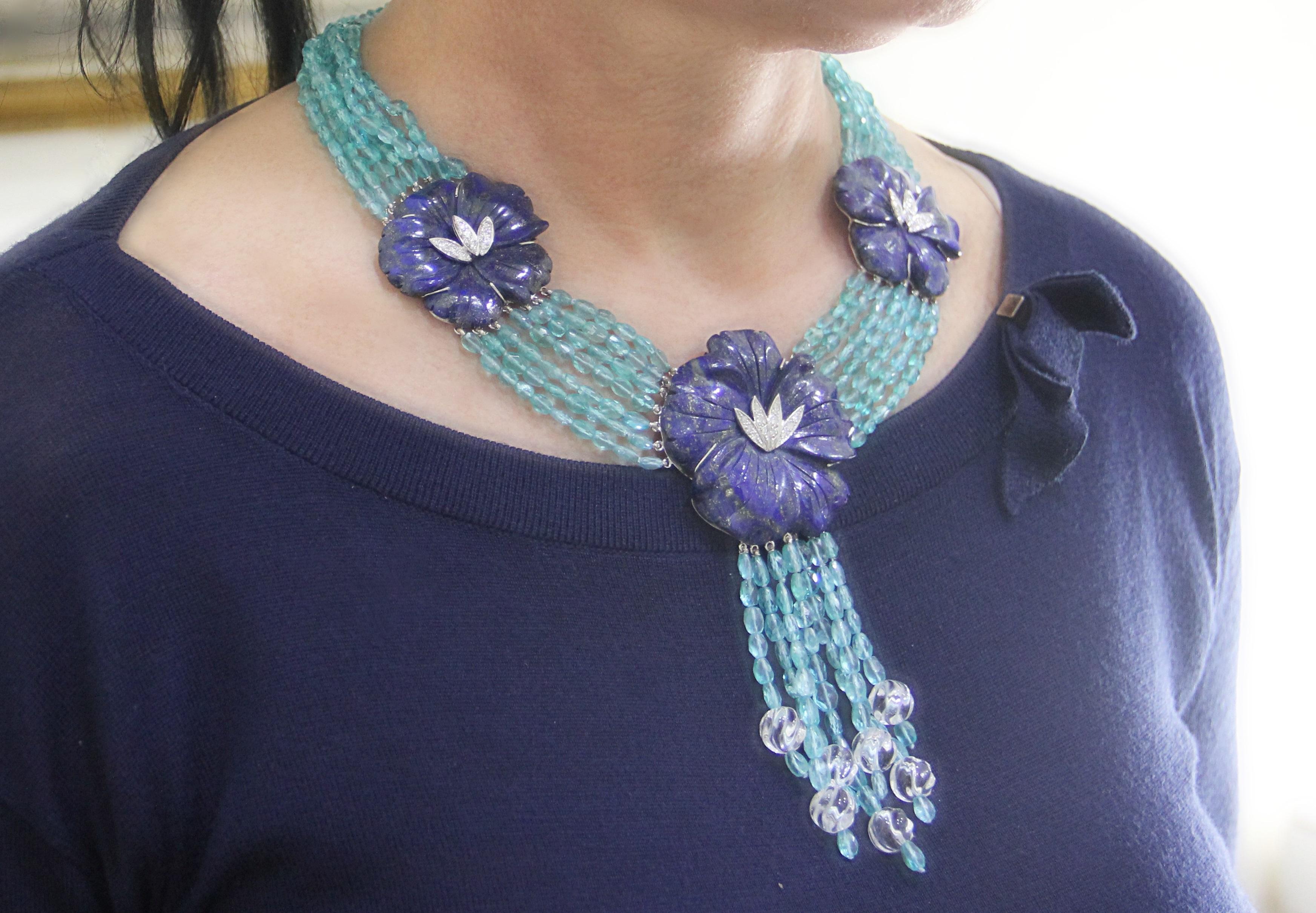 Handcraft Lapis 18 Karat White Gold Uvarovite Diamonds Multi-Strand Necklace For Sale 3