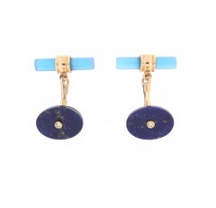 Handcraft Lapis Lazuli 14 Karat Yellow Gold Agate Barrels Cufflinks