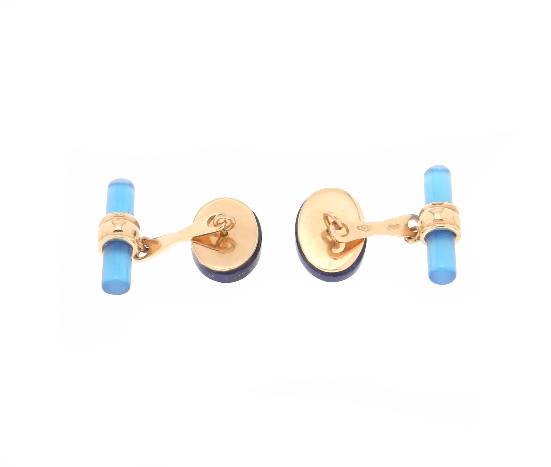 Artisan Boutons de manchette artisanaux en forme de barils en or jaune 14 carats et agate, lapis-lazuli en vente