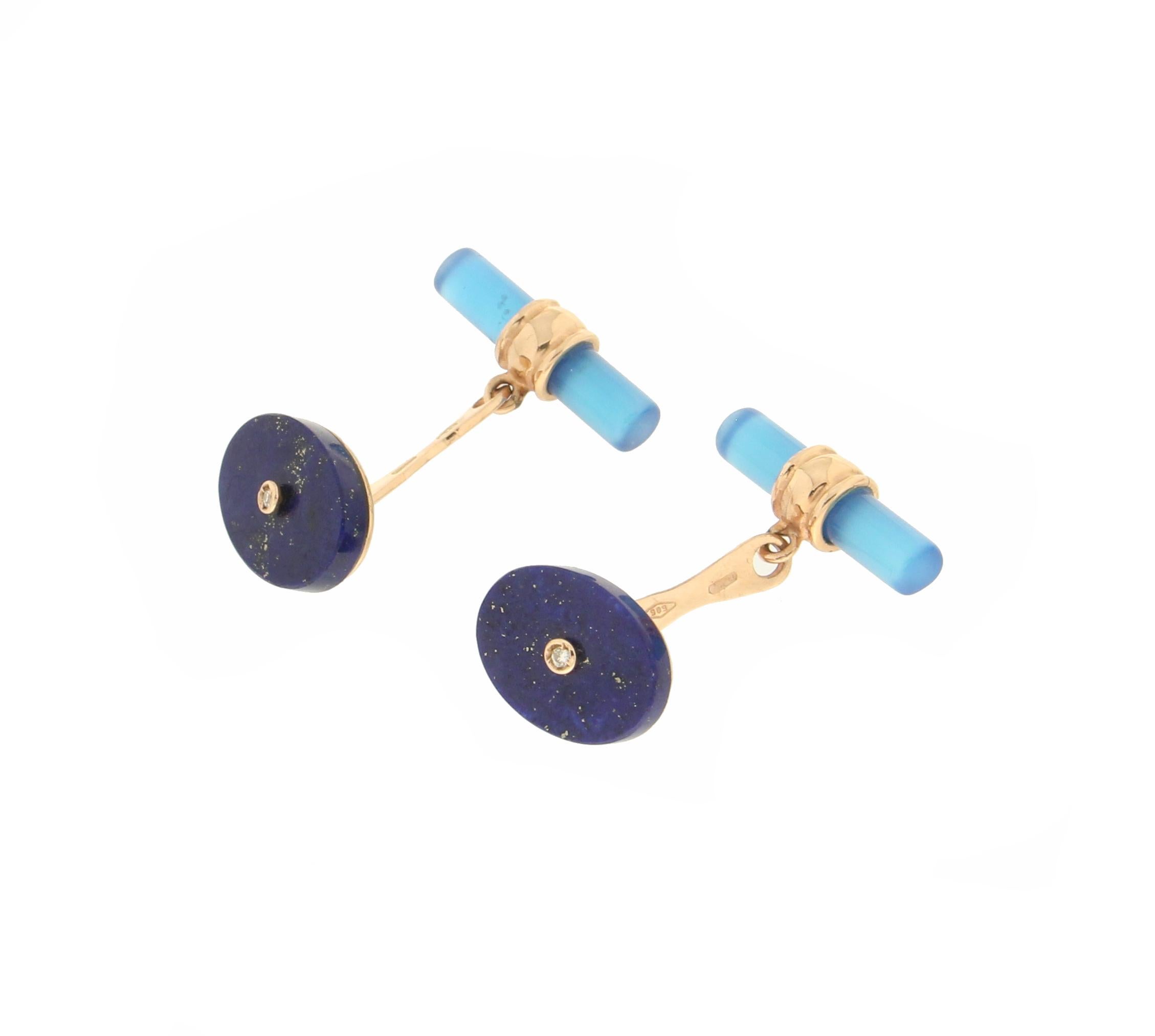 Mixed Cut Handcraft Lapis Lazuli 14 Karat Yellow Gold Agate Barrels Cufflinks For Sale