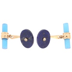 Handcraft Lapis Lazuli 14 Karat Yellow Gold Agate Barrels Cufflinks