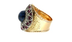 Handcraft Lapis Lazuli 14 Karat Yellow Gold Diamonds Ruby Cocktail Ring