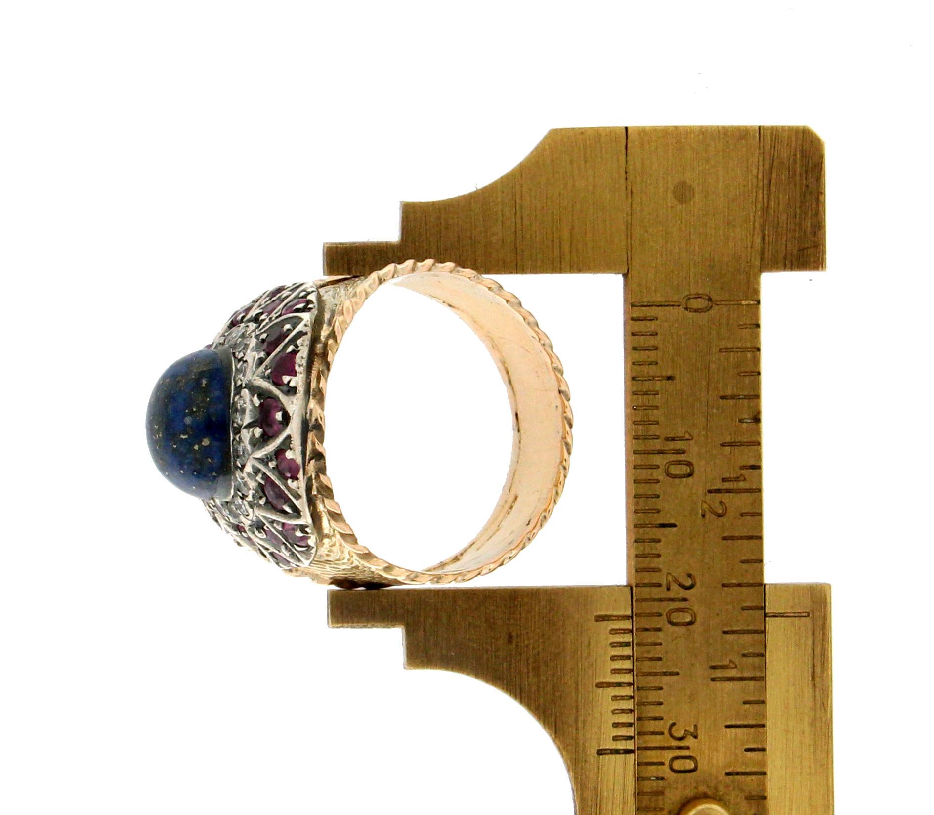 Women's or Men's Handcraft Lapis Lazuli 14 Karat Yellow Gold Diamonds Ruby Cocktail Ring For Sale