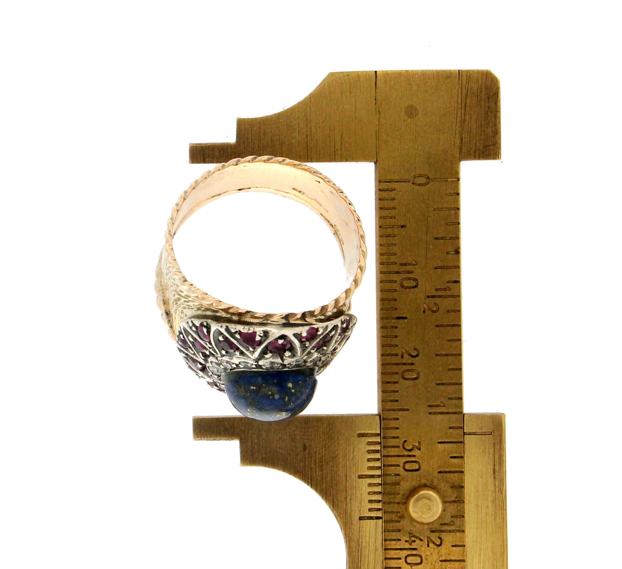 Handcraft Lapis Lazuli 14 Karat Yellow Gold Diamonds Ruby Cocktail Ring For Sale 1