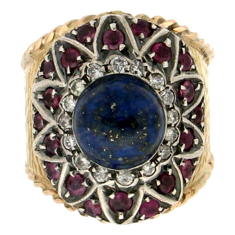 Handcraft Lapis Lazuli 14 Karat Yellow Gold Diamonds Ruby Cocktail Ring For Sale