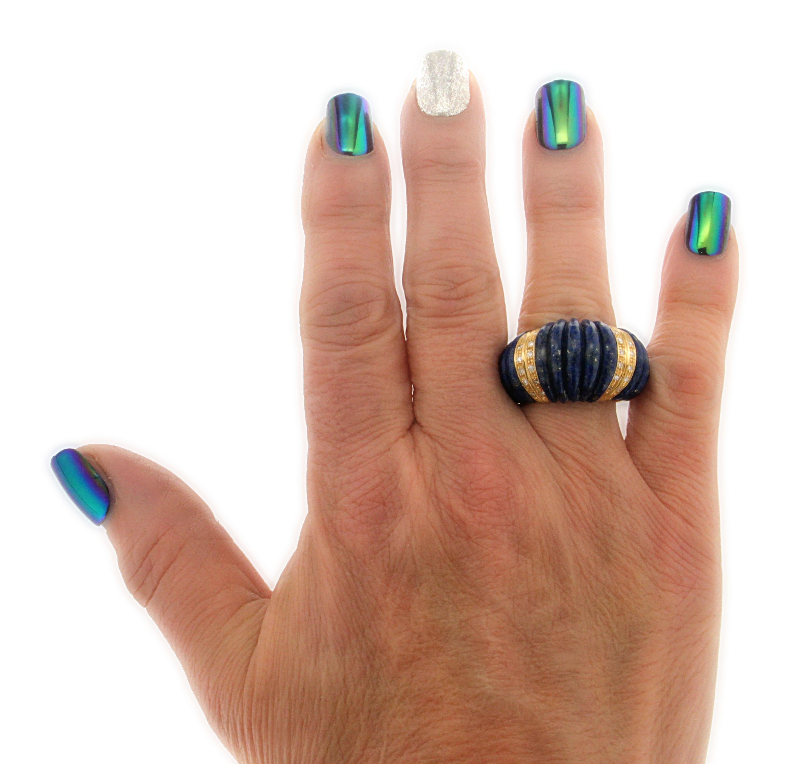 Handcraft Lapis Lazuli 18 Karat Yellow Gold Diamonds Cocktail Ring For Sale 6