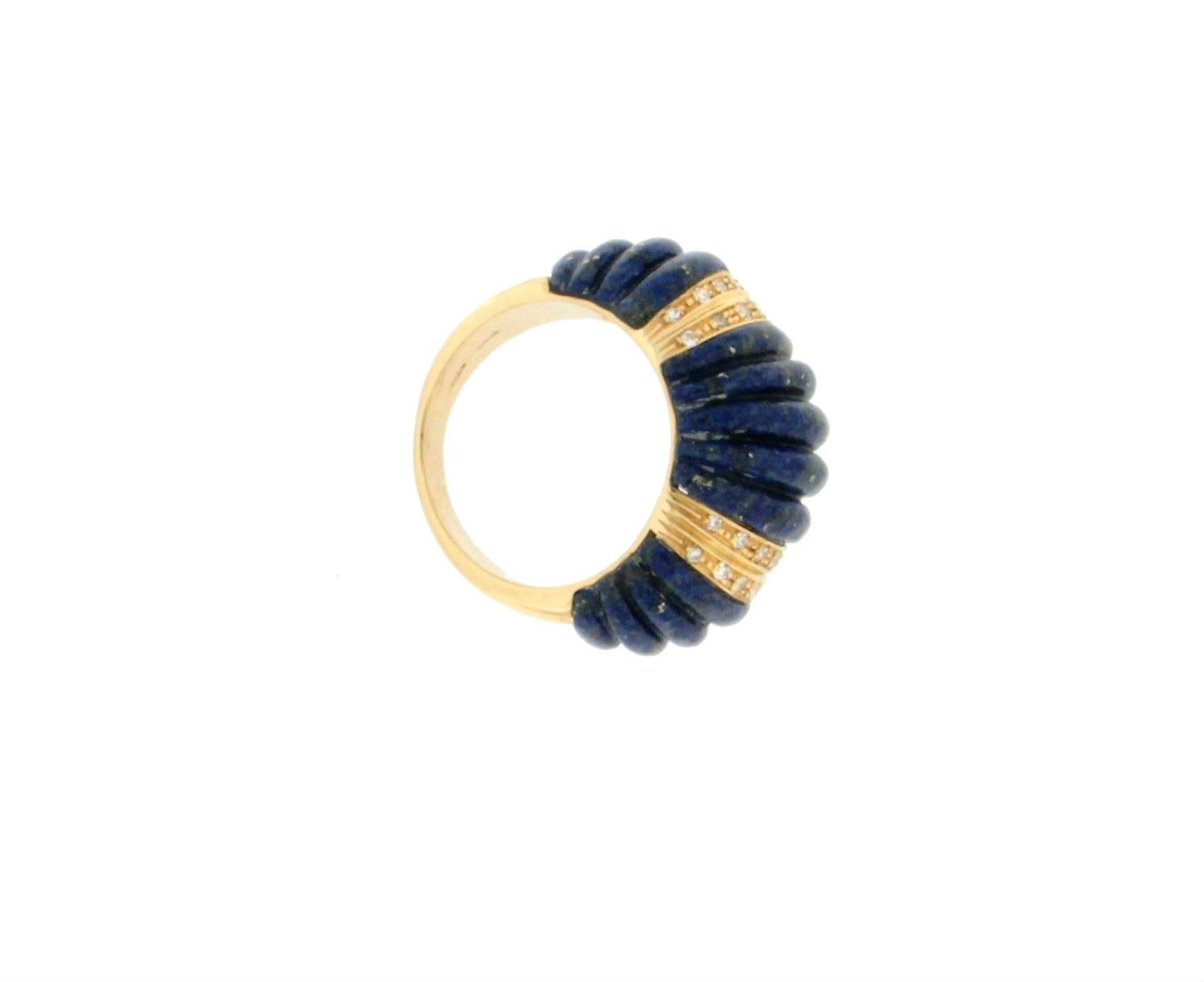 Artisan Handcraft Lapis Lazuli 18 Karat Yellow Gold Diamonds Cocktail Ring For Sale