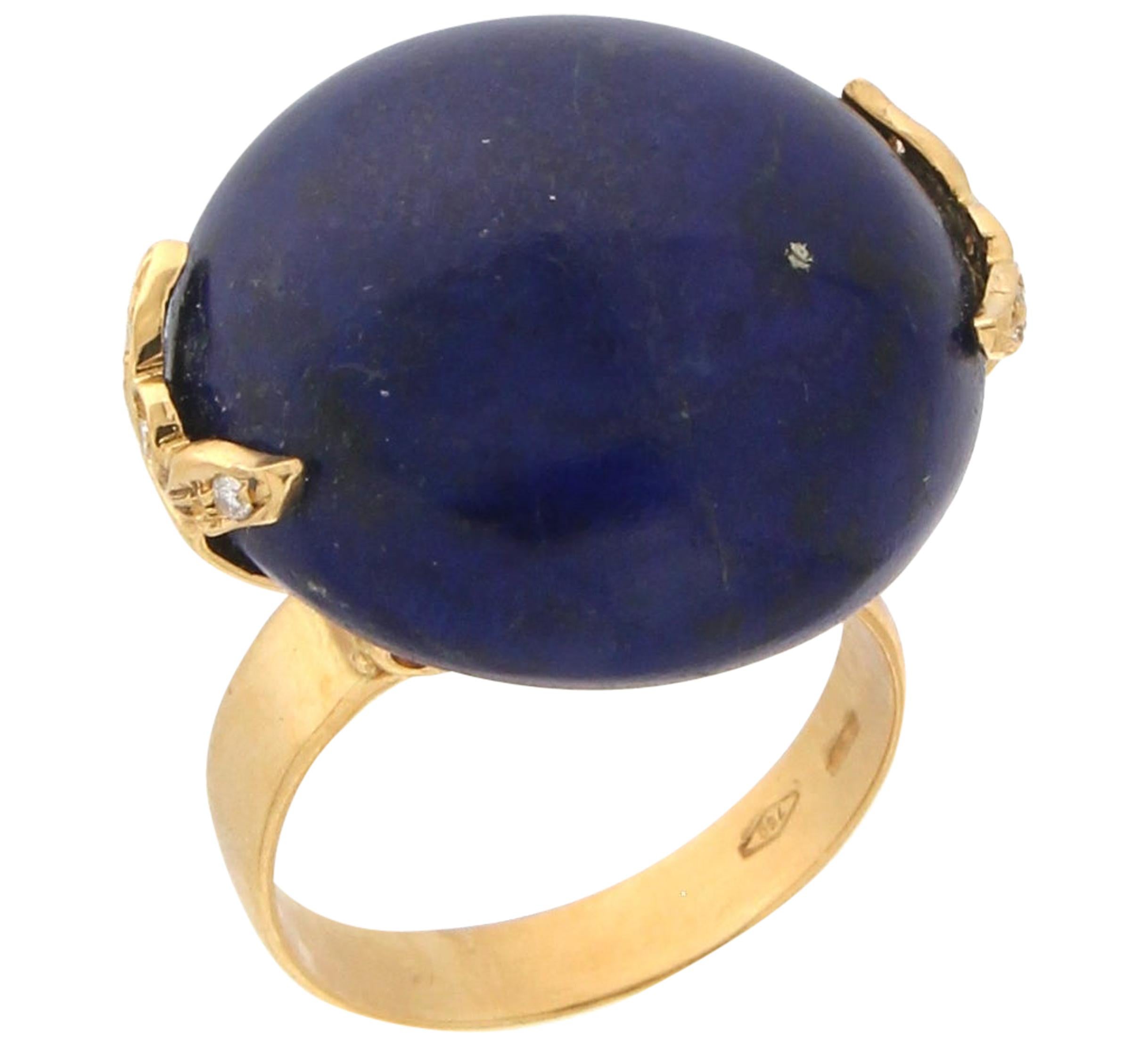 Bague cocktail artisanale en or jaune 18 carats avec lapis-lazuli et diamants