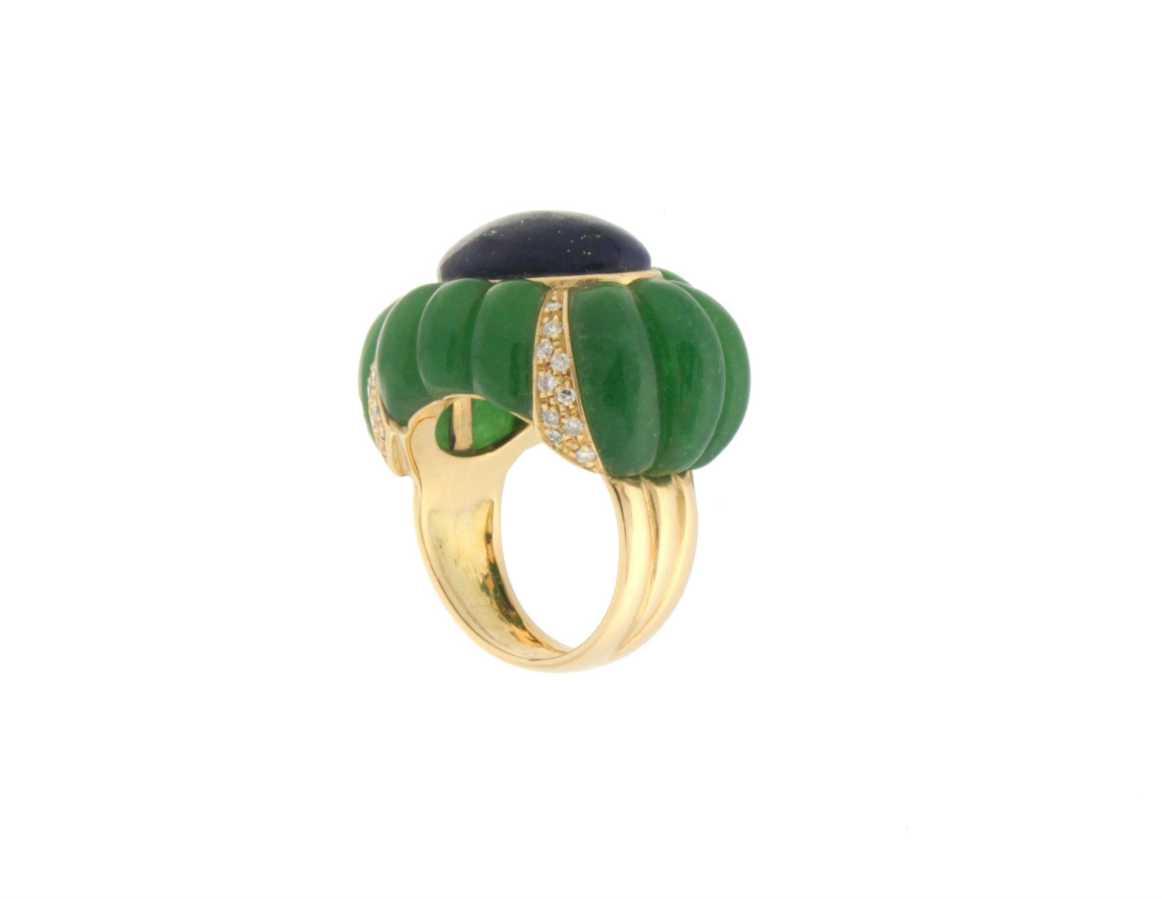 Brilliant Cut Handcraft Lapis Lazuli 18 Karat Yellow Gold Jade Diamonds Cocktail Ring