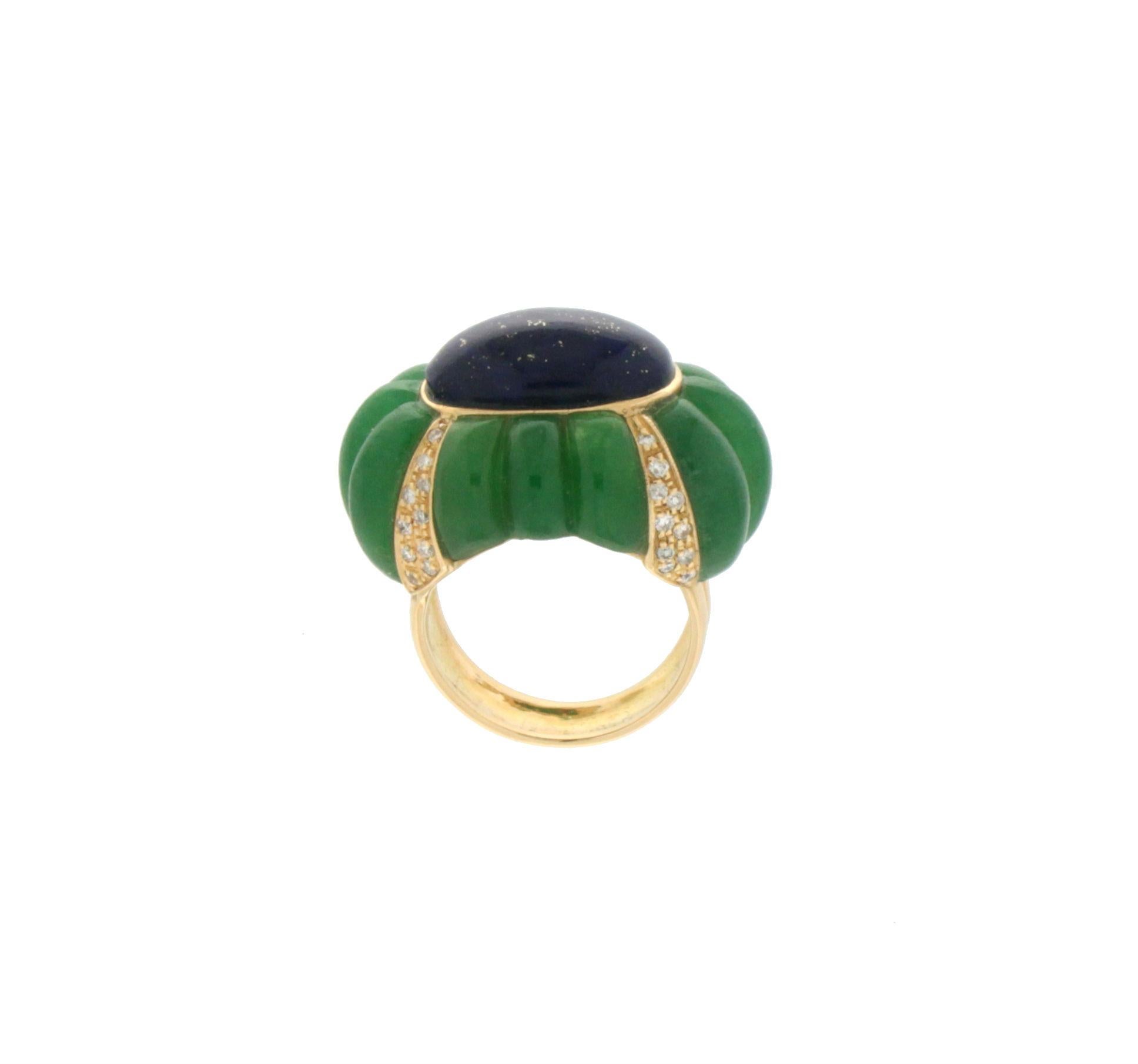 Handcraft Lapis Lazuli 18 Karat Yellow Gold Jade Diamonds Cocktail Ring In New Condition In Marcianise, IT